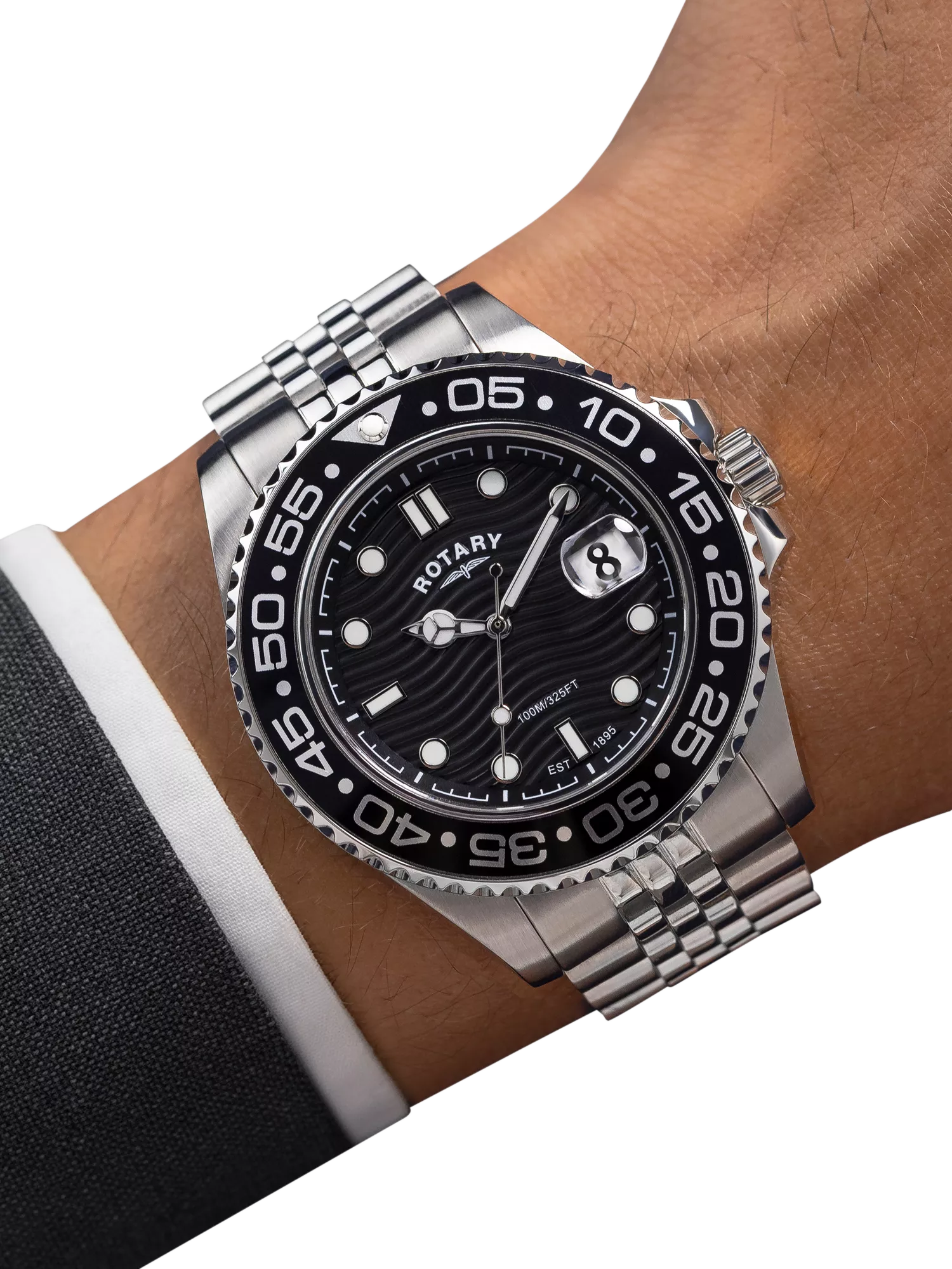 Rotary APEX100 men's watch silver bracelet black dial, UK version