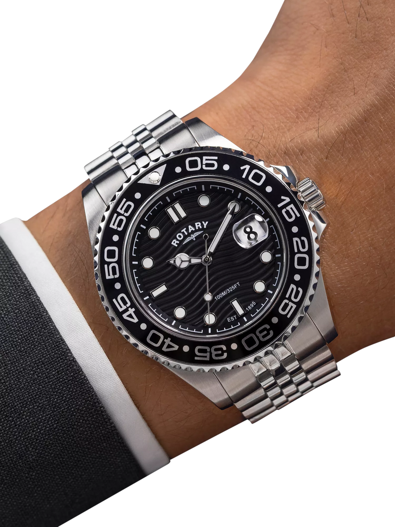 Rotary APEX100 men's watch silver bracelet black dial, UK version