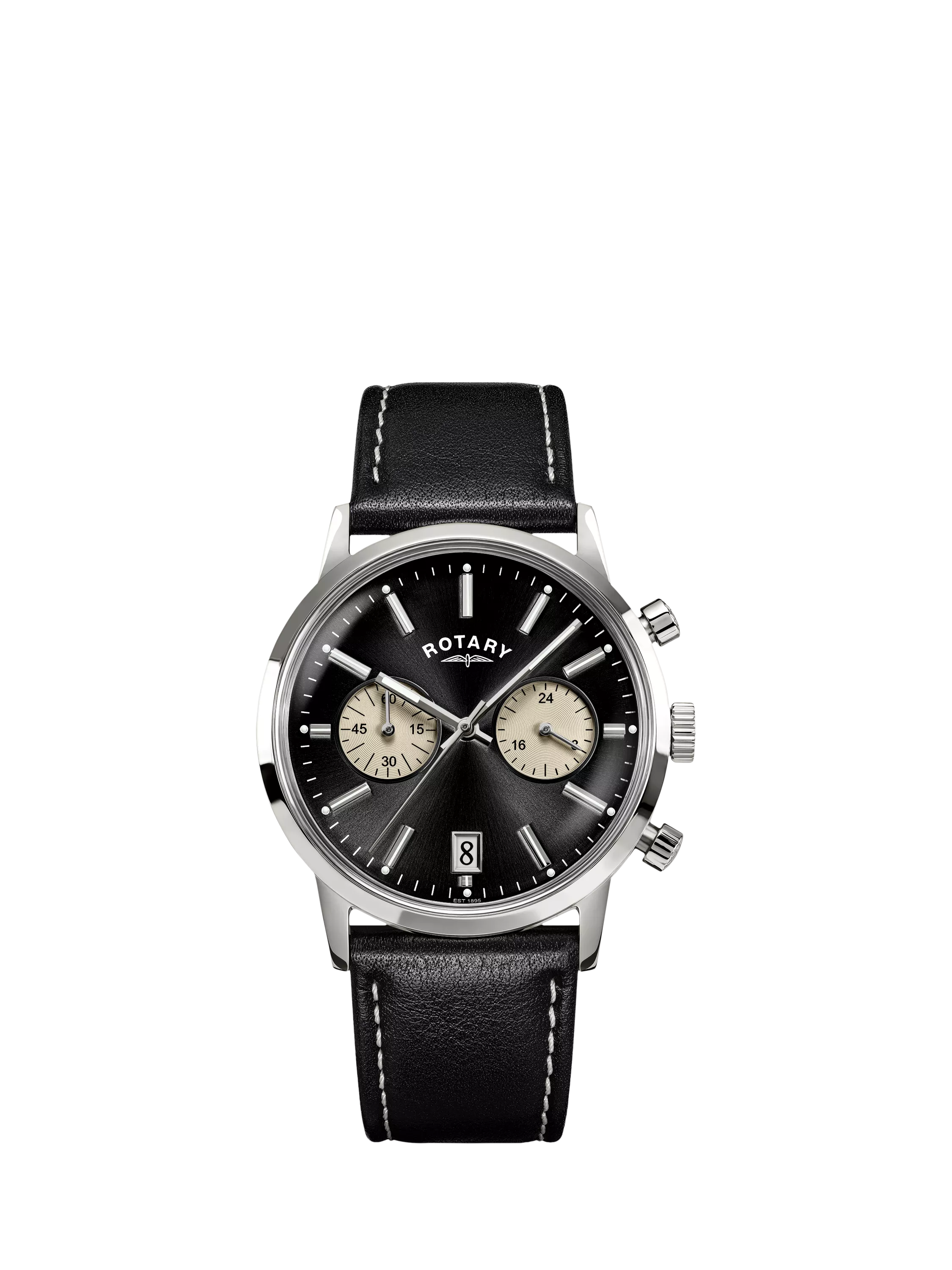 Rotary 1895 Chronograph watch with black leather strap, imported from the UK