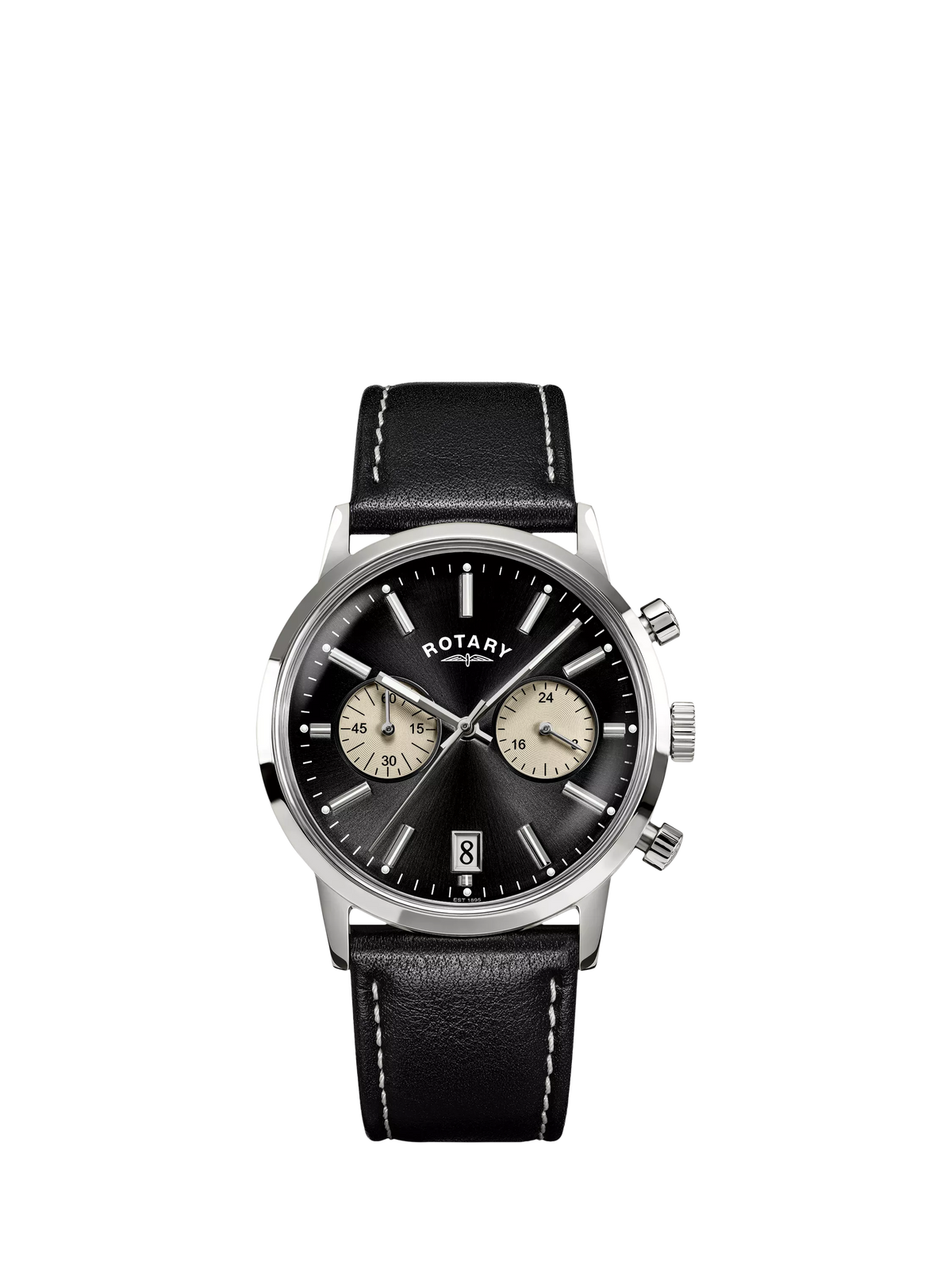 Rotary 1895 Chronograph watch with black leather strap, imported from the UK