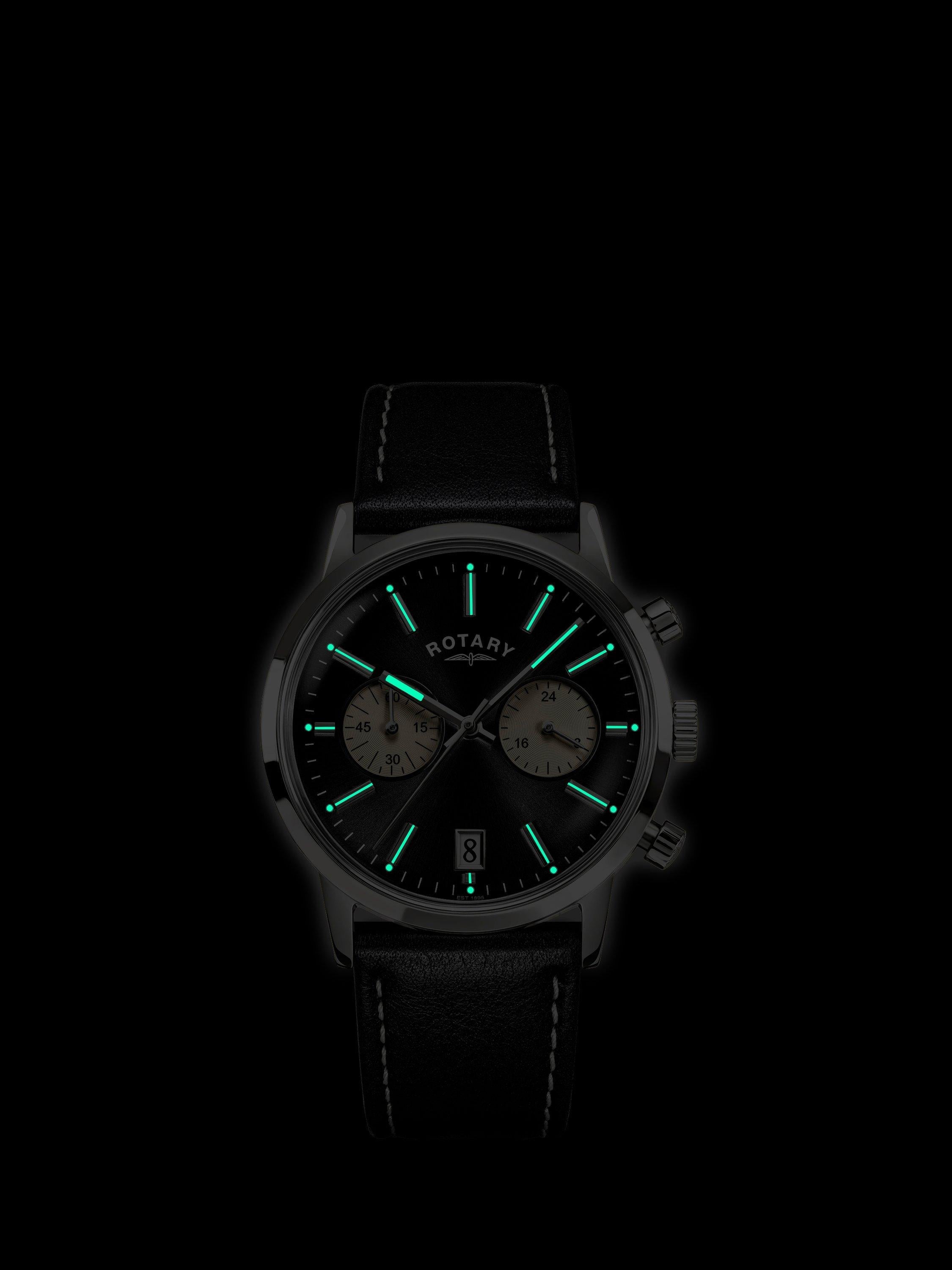 Rotary 1895 Chronograph watch with black leather strap, imported from the UK
