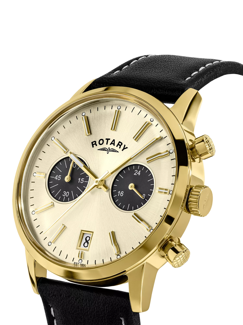 Rotary 1895 Chronograph men's watch gold leather strap, UK version