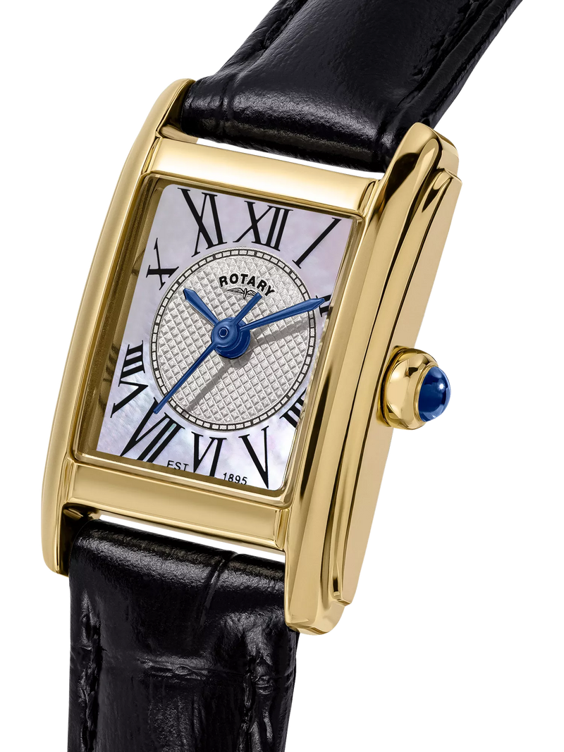 Rotary Heritage Astoria women's gold watch 24mm black leather strap, UK version
