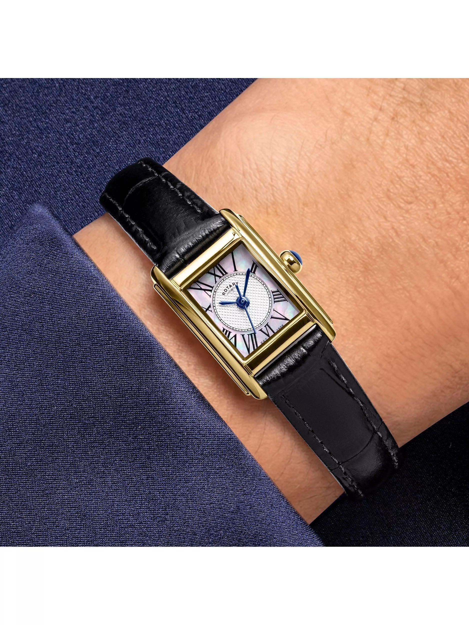 Rotary Heritage Astoria women's gold watch 24mm black leather strap, UK version