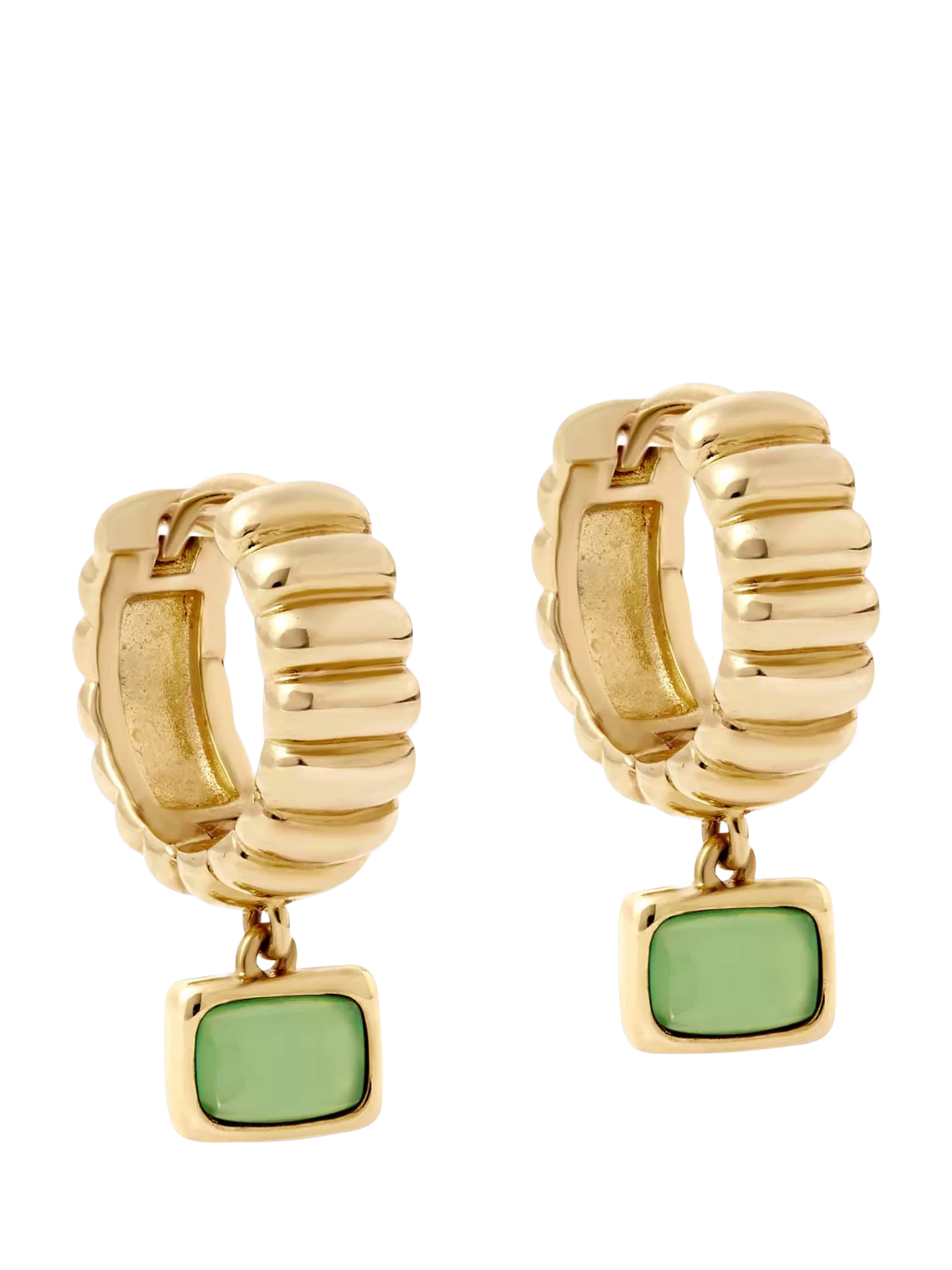 Astley Clarke green chalcedony drop huggie hoop earrings gold vermeil, imported from the UK