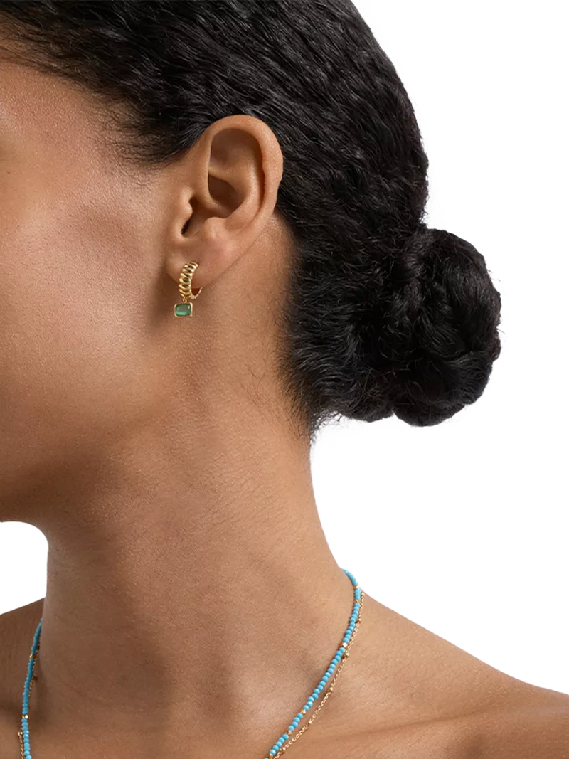 Astley Clarke green chalcedony drop huggie hoop earrings gold vermeil, imported from the UK