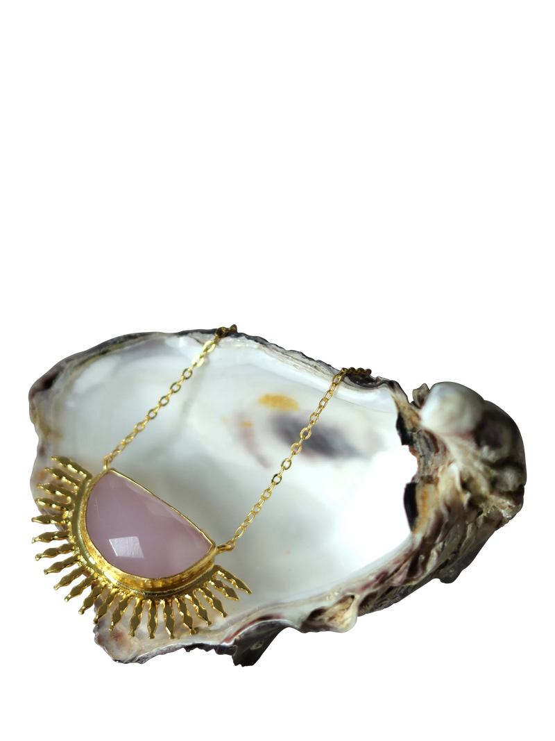 Ottoman Hands Sunrise Rose Quartz necklace gold, imported from the UK
