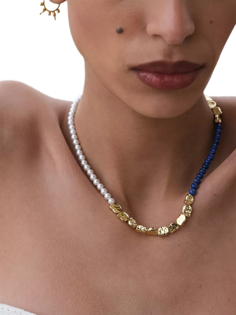 Ottoman Hands lapis pink jade beaded necklace gold, UK version
