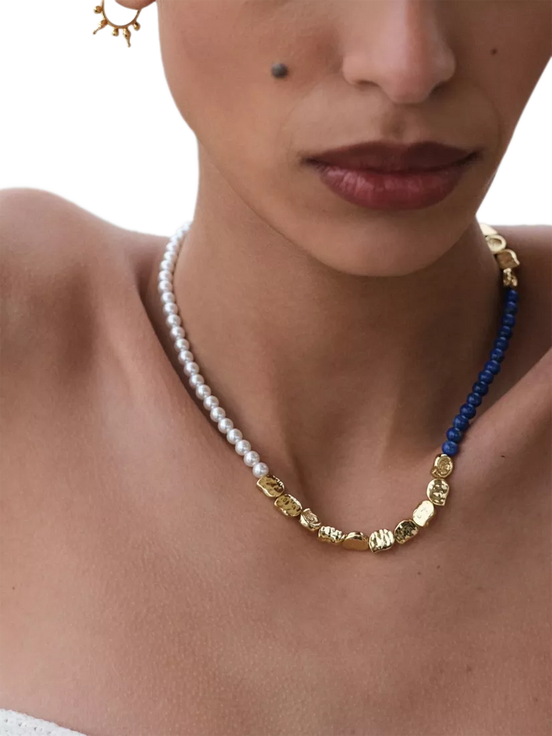 Ottoman Hands lapis pink jade beaded necklace gold, UK version