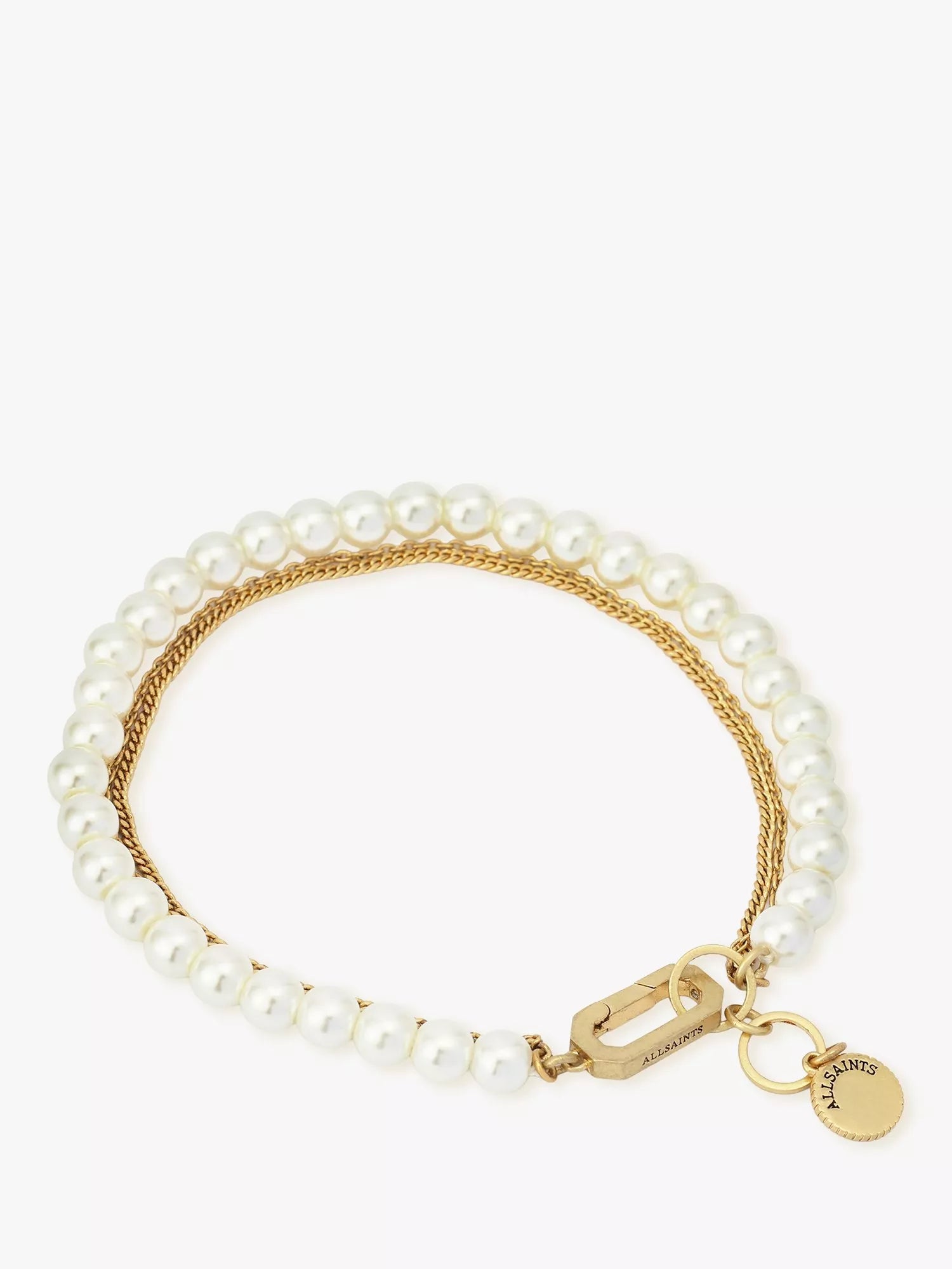 AllSaints pearl multi chain bracelet gold tone, imported from the UK