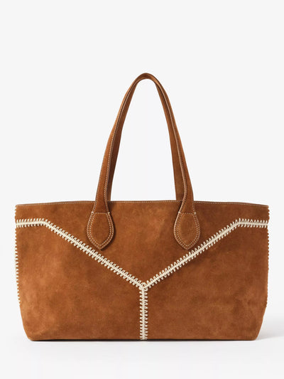 John Lewis Mint Velvet Blanket Stitch Pure Suede Tote Bag, Brown/Cream- Buy online at McGrocer