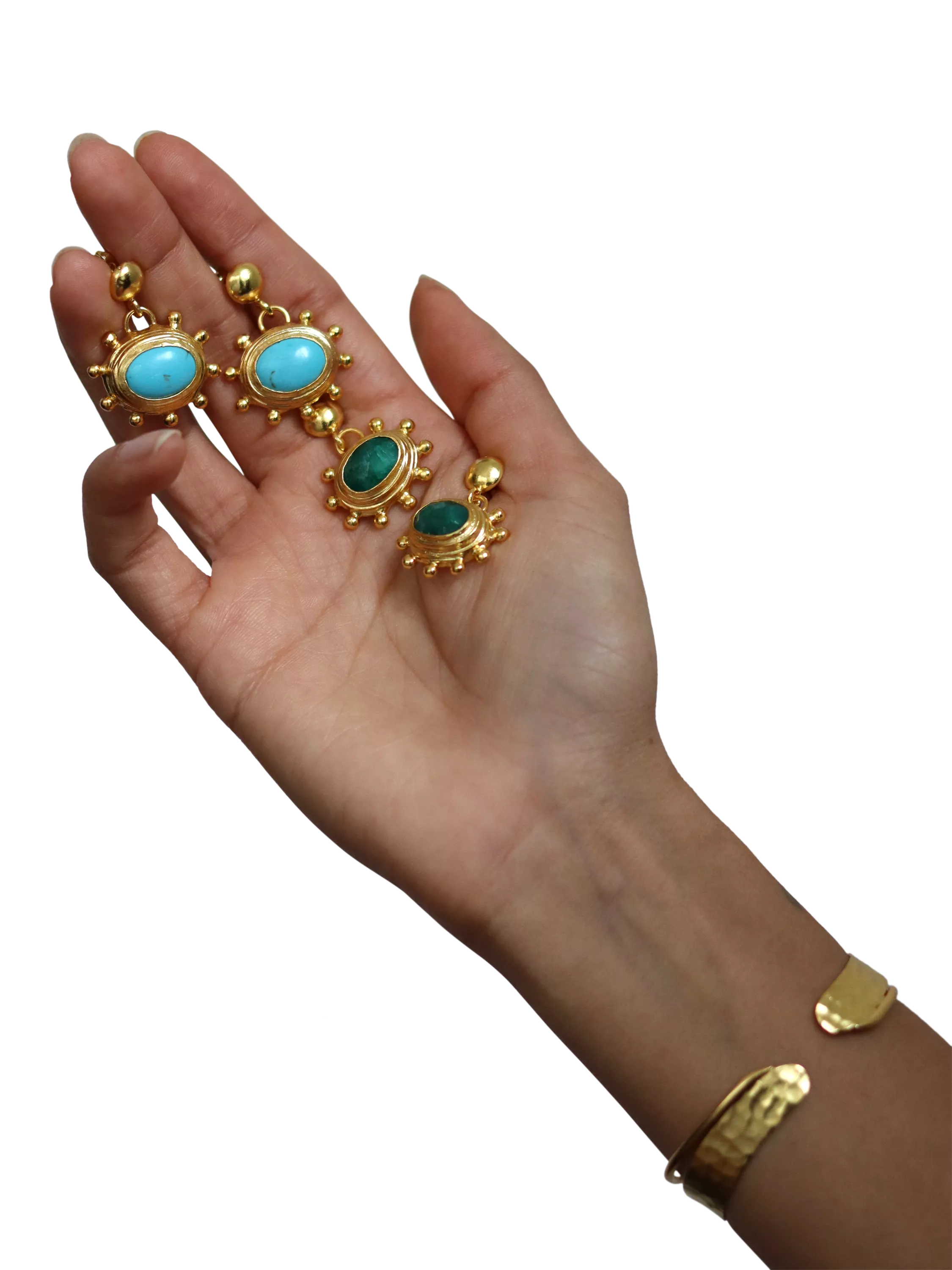 Ottoman Hands gold turquoise drop earrings, imported from the UK