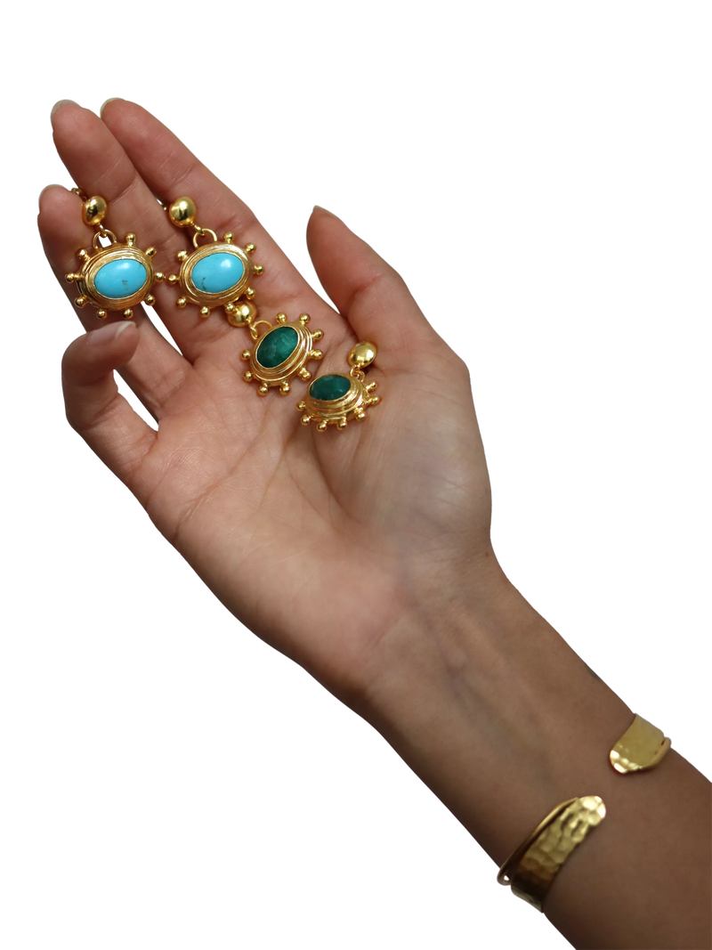 Ottoman Hands gold turquoise drop earrings, imported from the UK