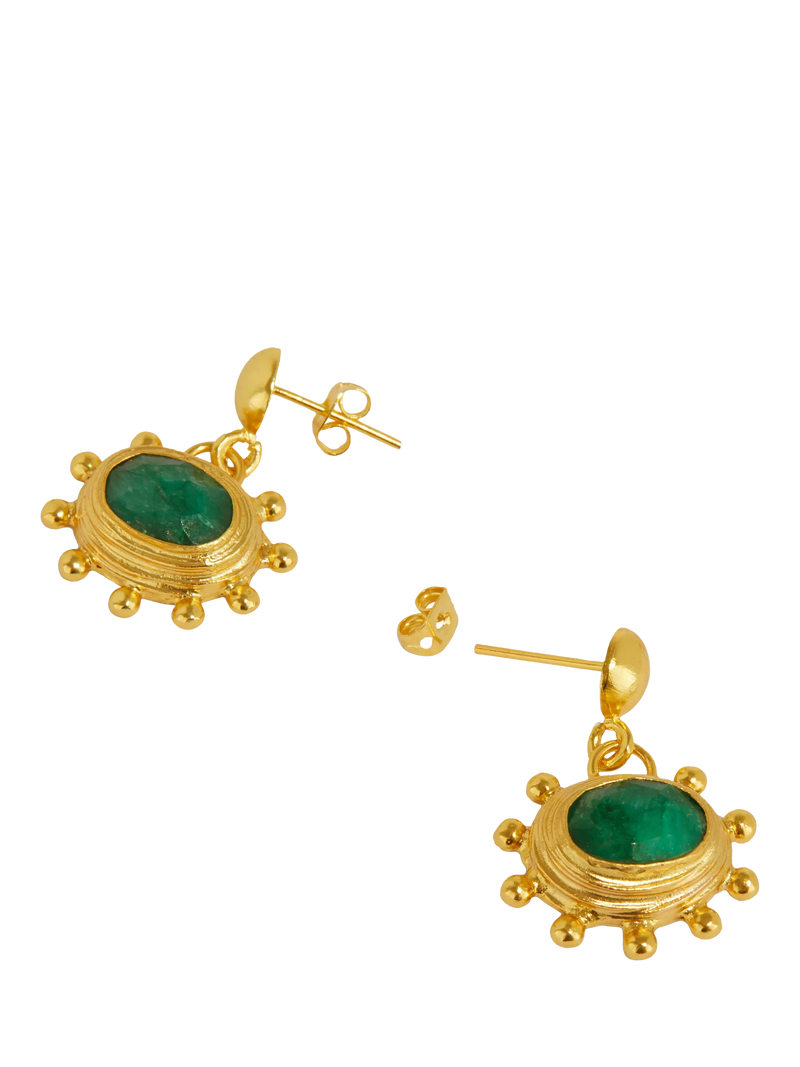 Ottoman Hands Zand drop earrings gold and emerald, UK version