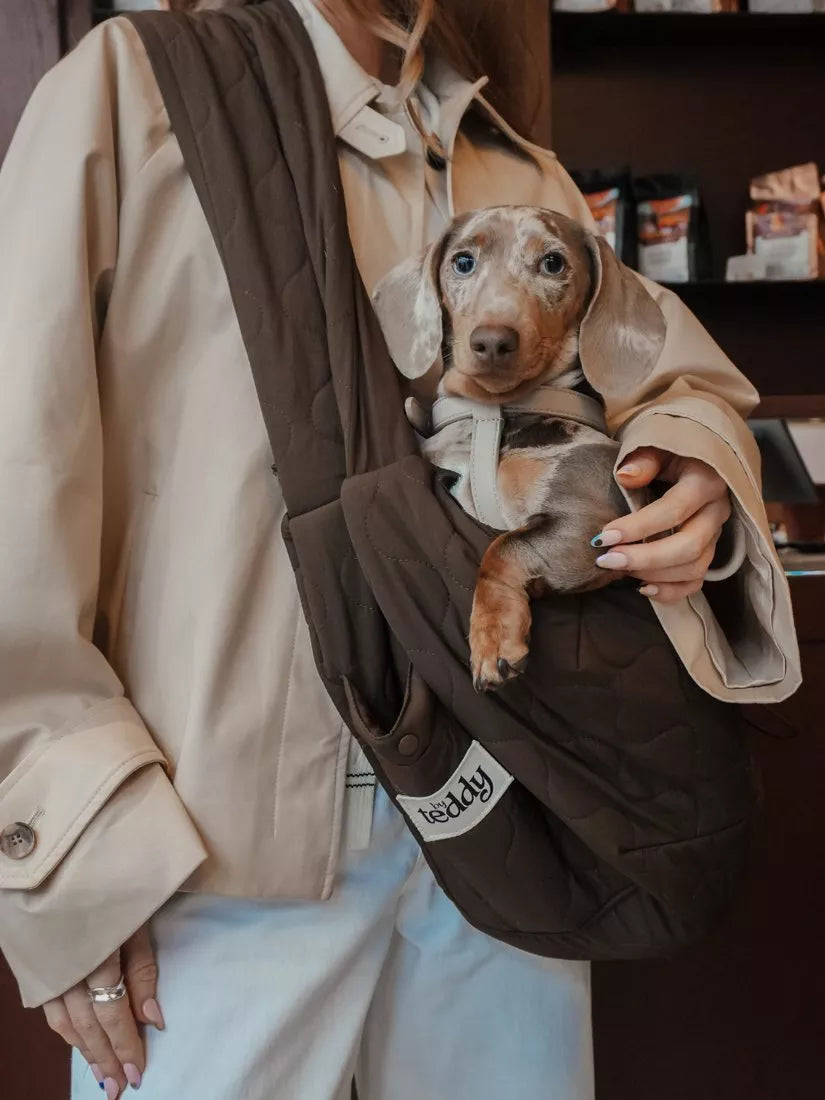 By Teddy quilted pet sling chocolate brown, imported from the UK