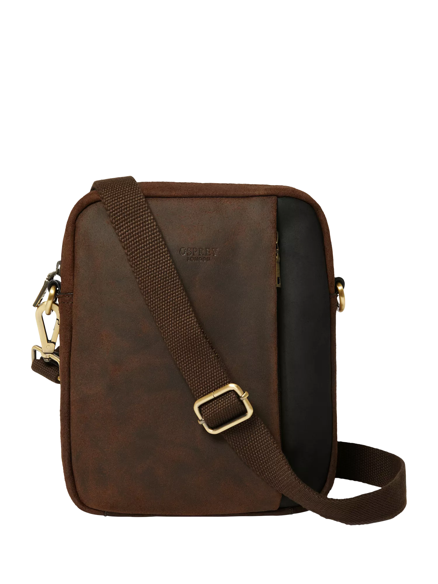 OSPREY LONDON leather messenger bag in chocolate and black, imported from the UK