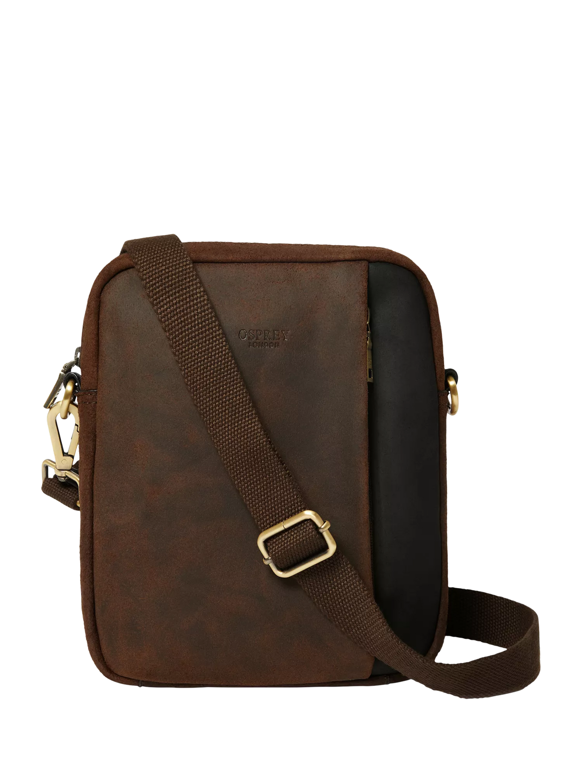 OSPREY LONDON leather messenger bag in chocolate and black, imported from the UK