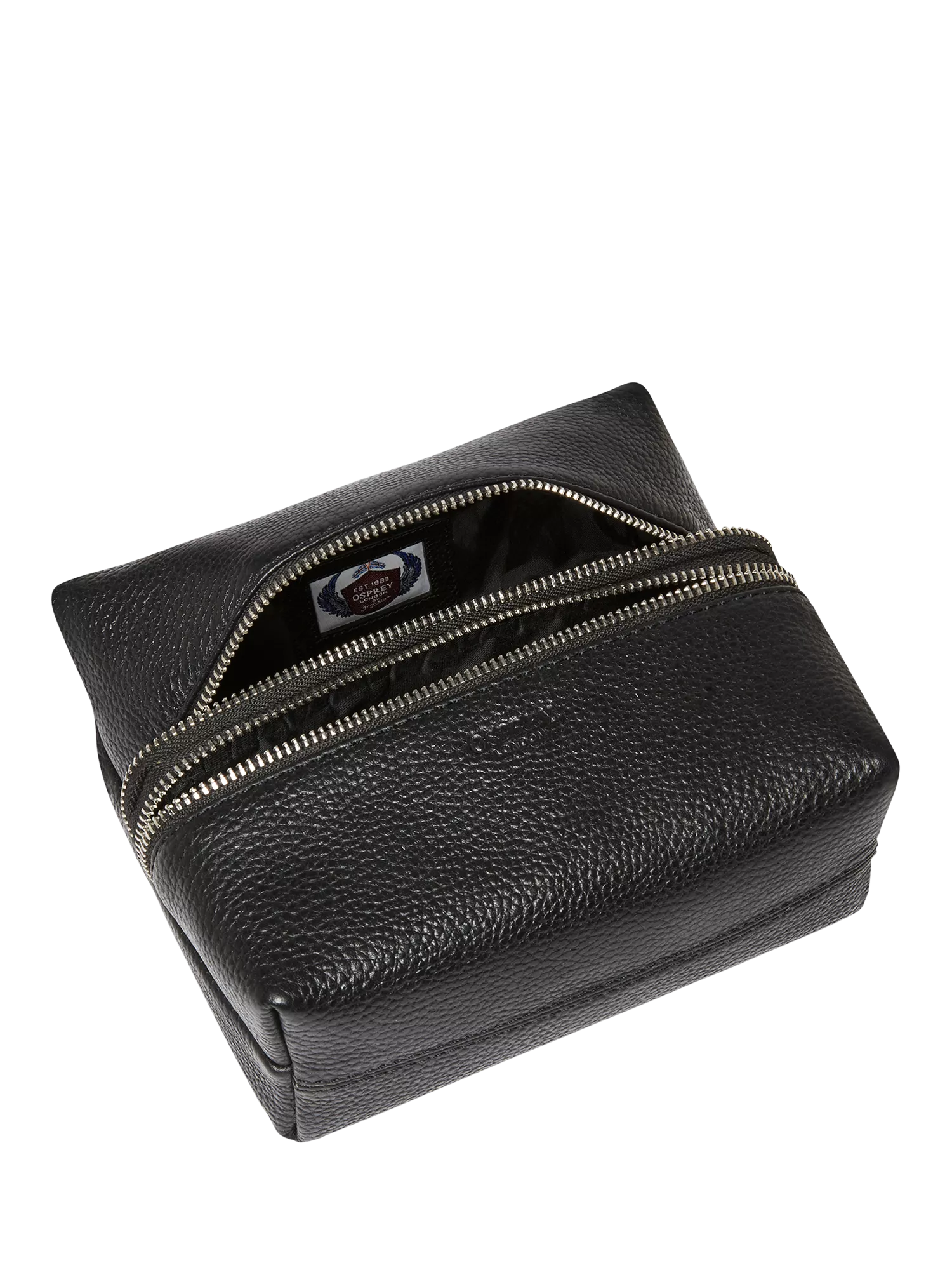 Osprey London black leather double zip small wash bag, imported from the UK