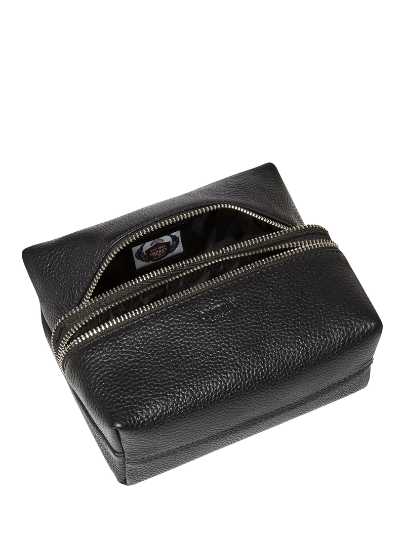 Osprey London black leather double zip small wash bag, imported from the UK