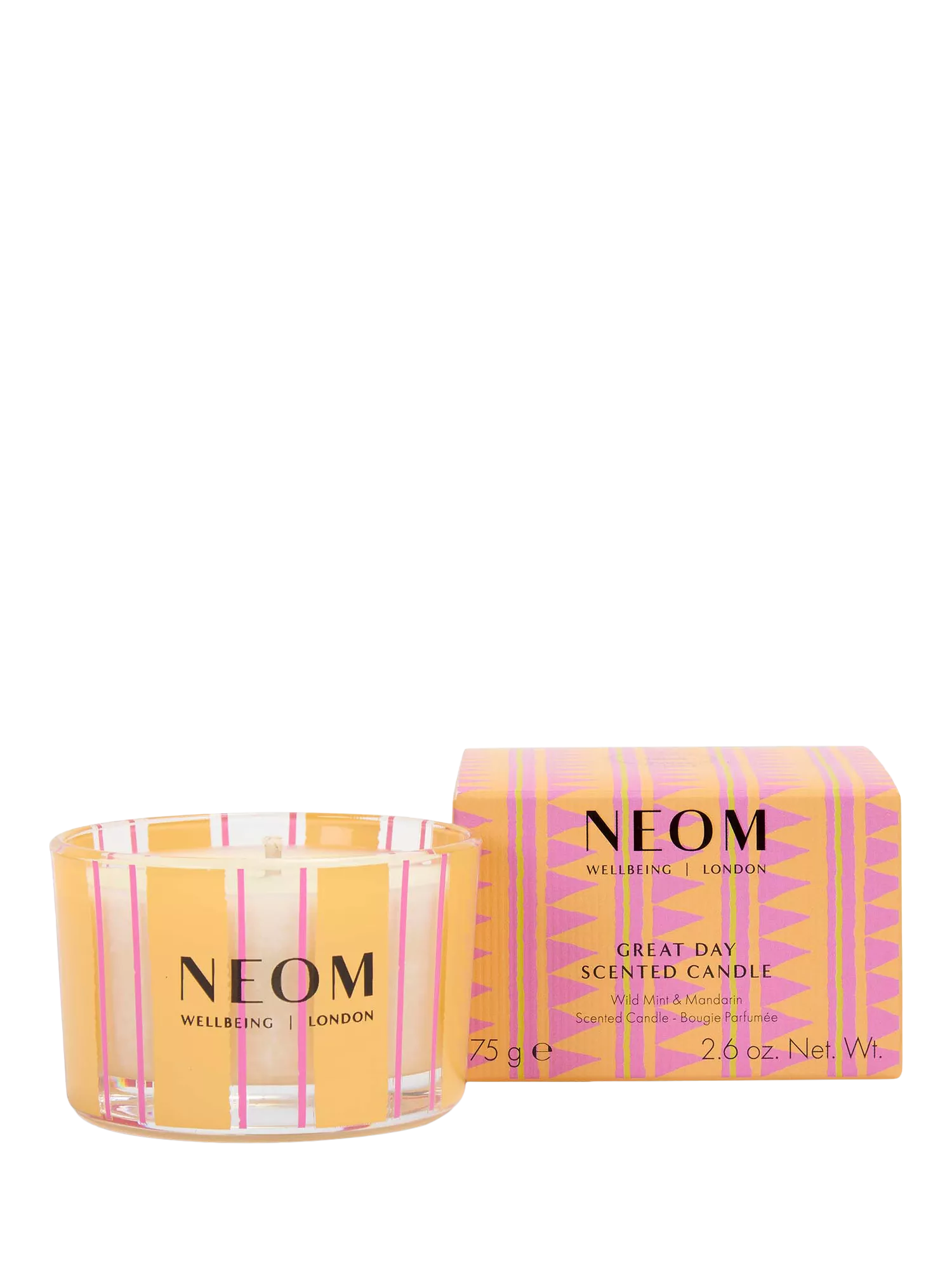 NEOM Wellbeing London Great Day Travel Candle 75g, imported from the UK
