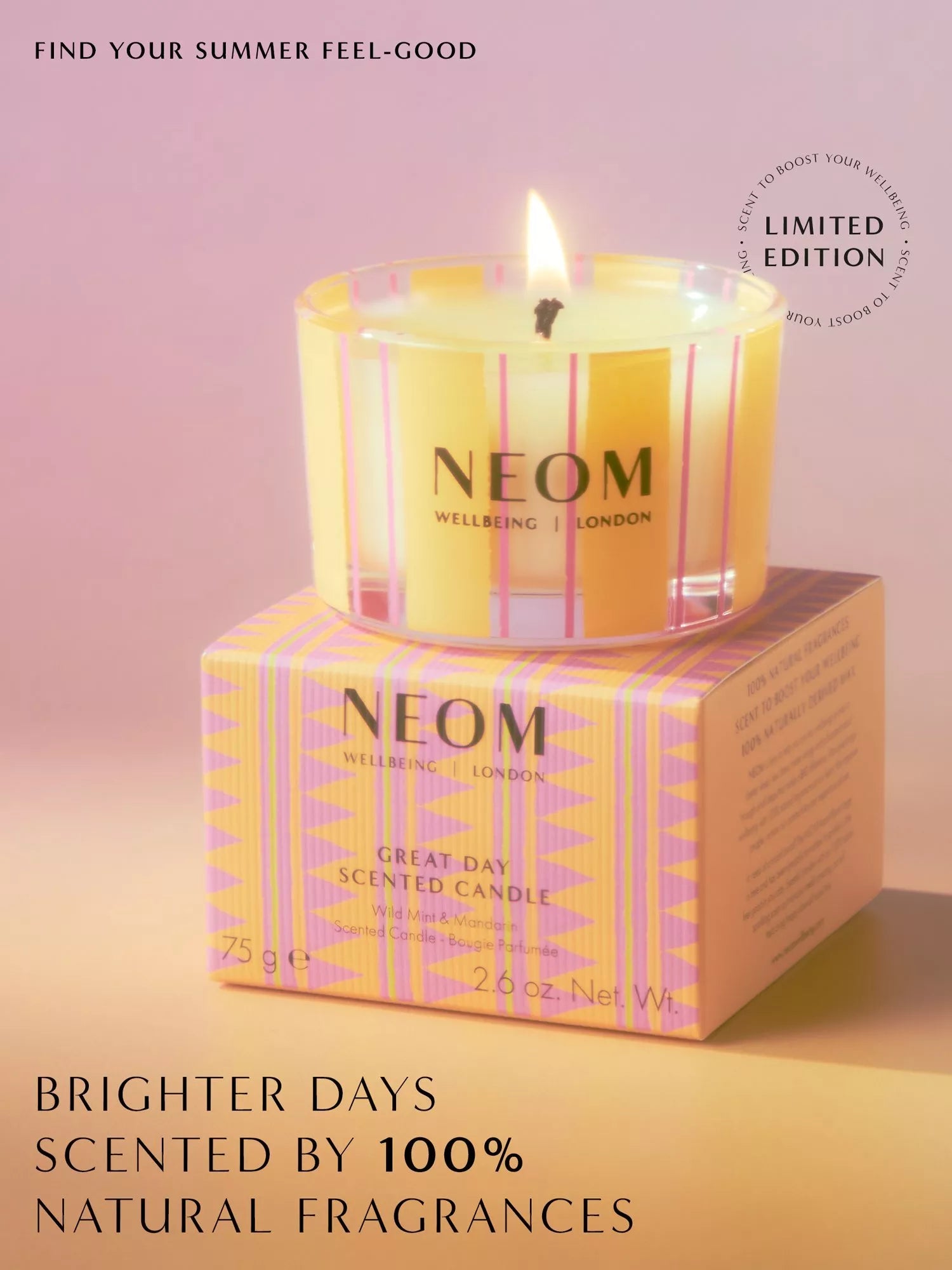 NEOM Wellbeing London Great Day Travel Candle 75g, imported from the UK
