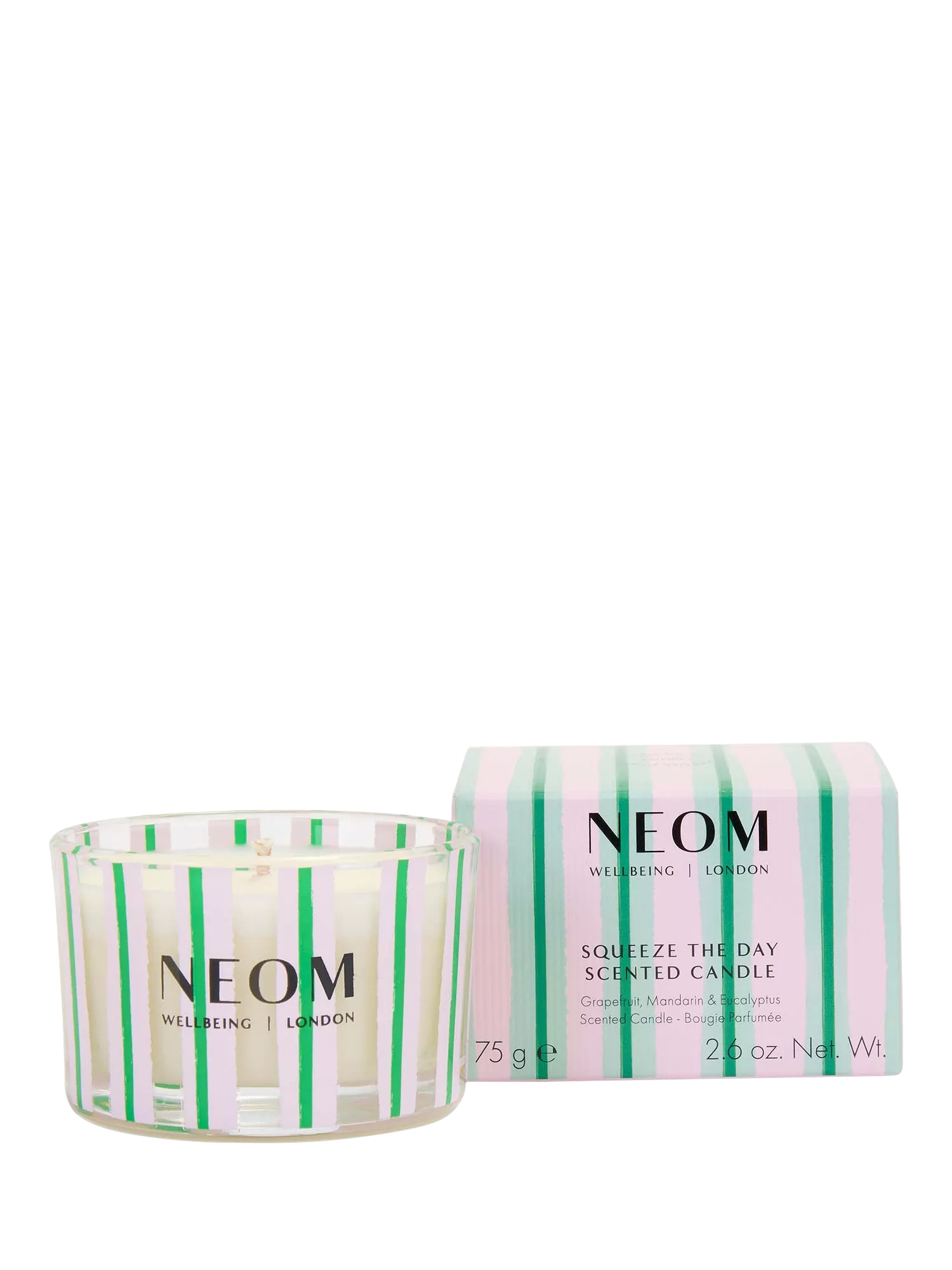 NEOM Wellbeing London Squeeze The Day travel candle 75g, UK version