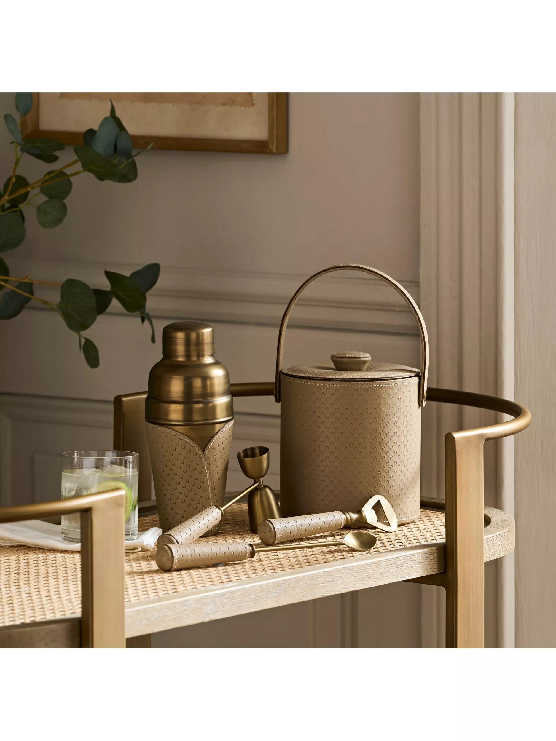 OKA Emsworth leather wrap cocktail shaker 500ml taupe, UK version