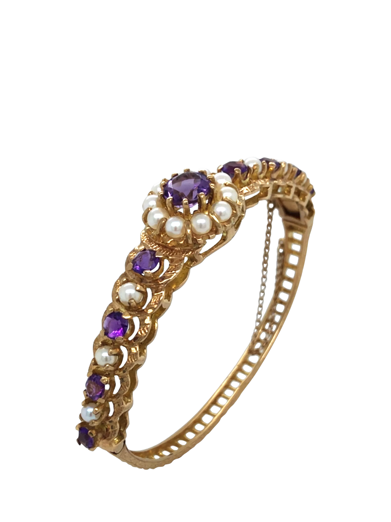 Vintage Fine Jewellery bangle 9ct gold cultured pearl amethyst - British product