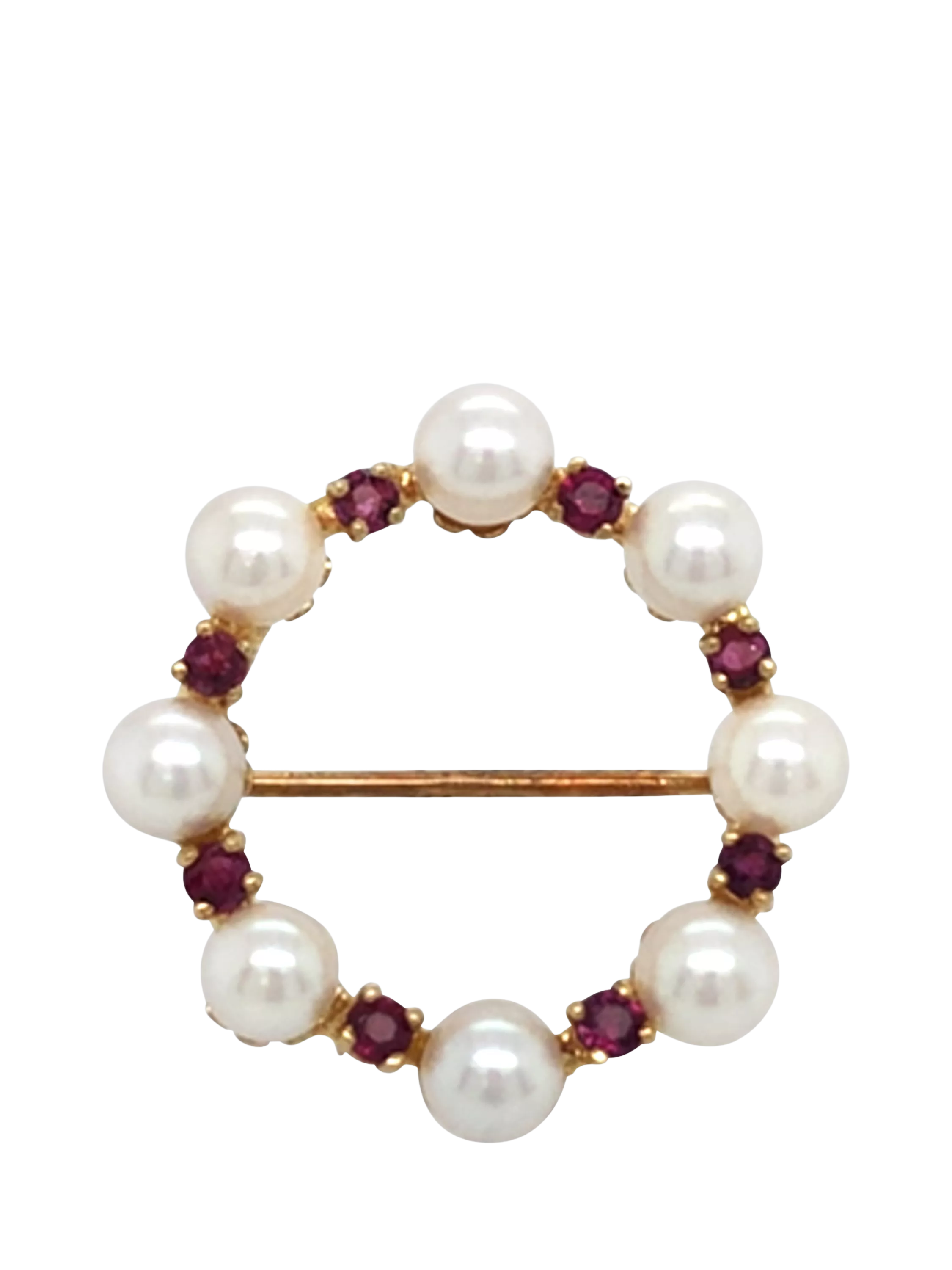 Vintage Fine Jewellery pearl garnet circle brooch 9ct gold - British product