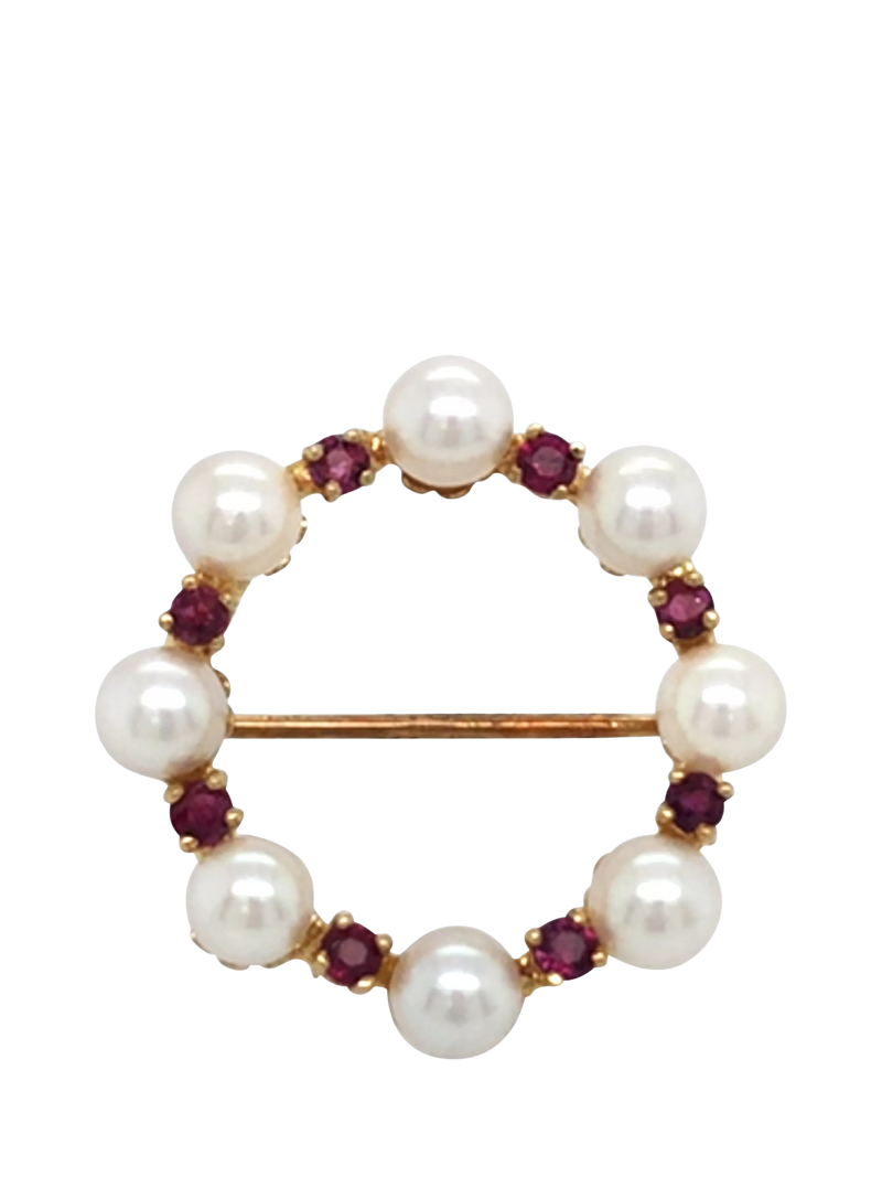 Vintage Fine Jewellery pearl garnet circle brooch 9ct gold - British product