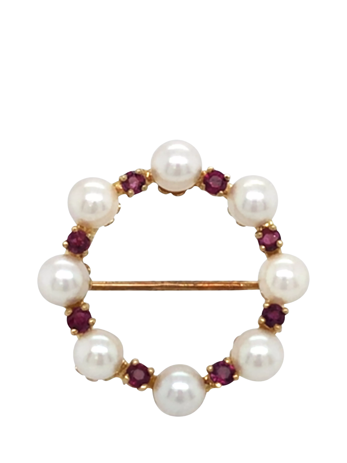 Vintage Fine Jewellery pearl garnet circle brooch 9ct gold - British product