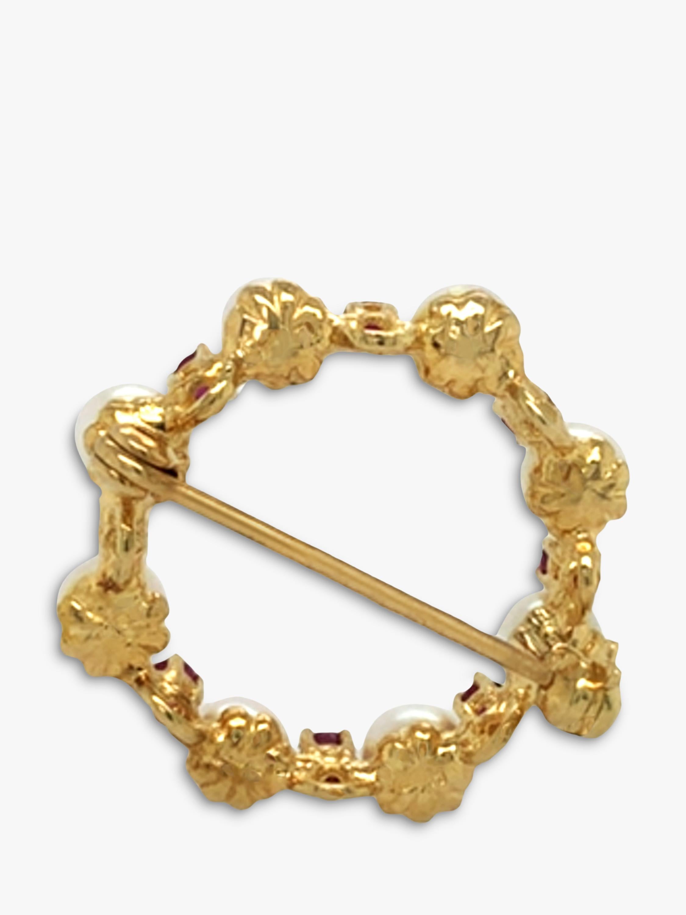 Vintage Fine Jewellery pearl garnet circle brooch 9ct gold - British product