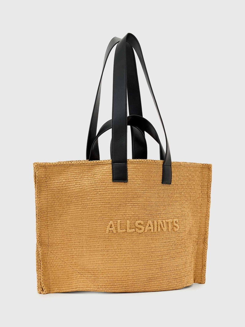 AllSaints Lutece raffia tote, biscuit brown, imported from the UK