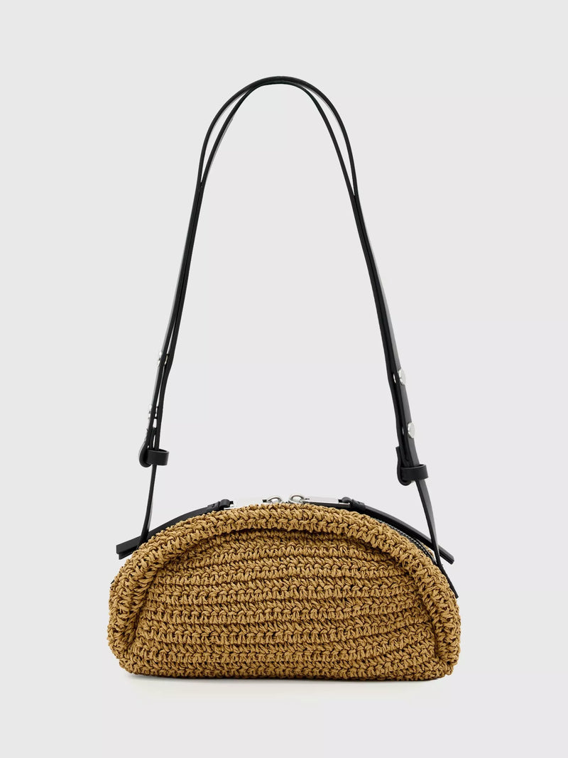 AllSaints Rosalie Leather and Raffia Shoulder Bag, Biscuit Brown