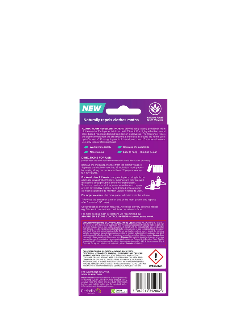 Acana Moth Repellent Papers 12 pack (British brand)