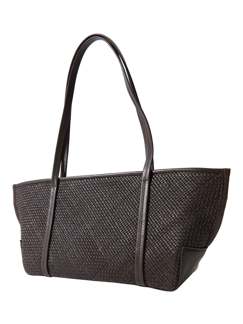 St. Agni woven slim bateau tote bag in coffee, imported from the UK
