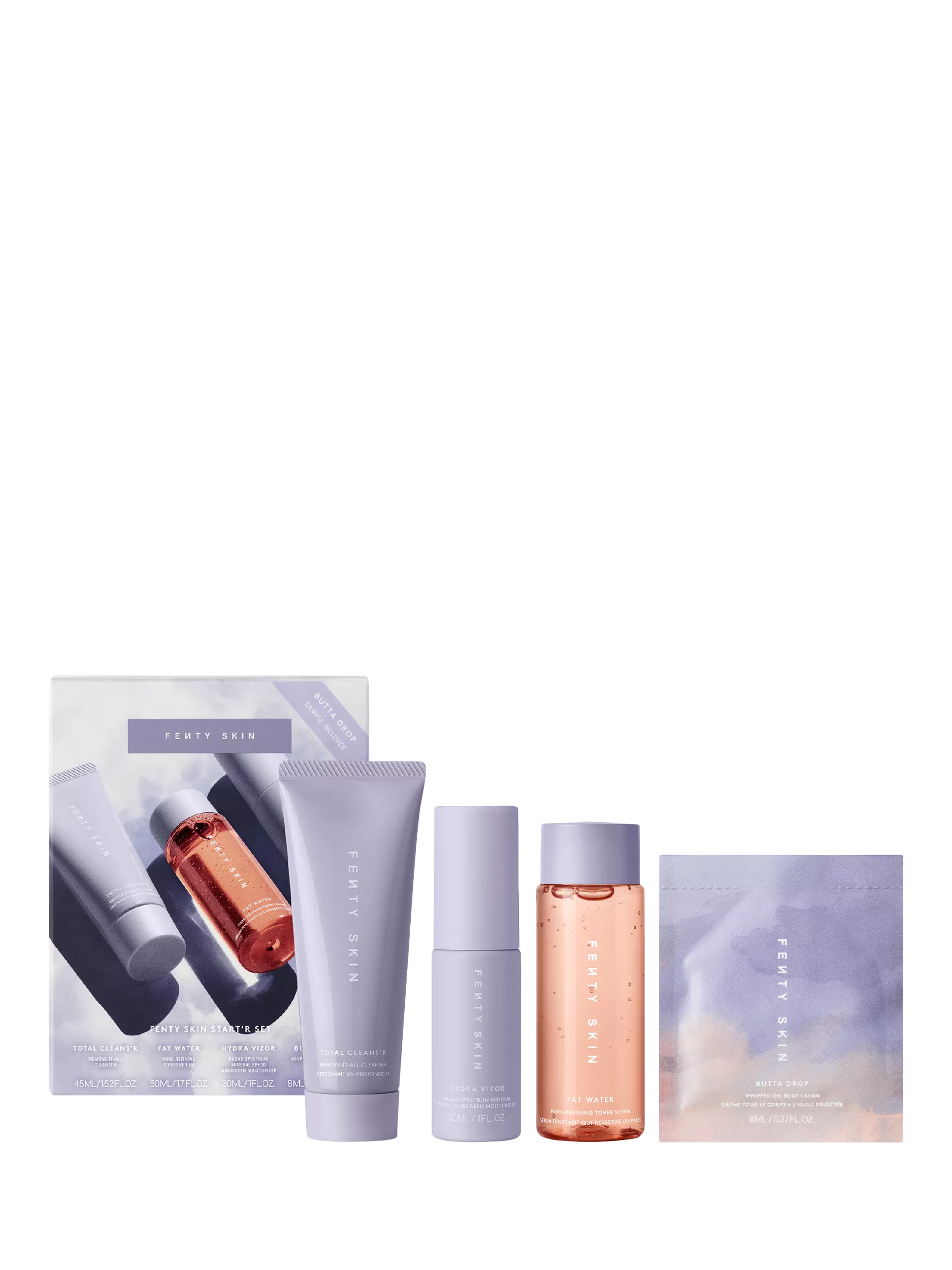 Fenty Skin travel skincare gift set with cleanser toner moisturizer, imported from the UK