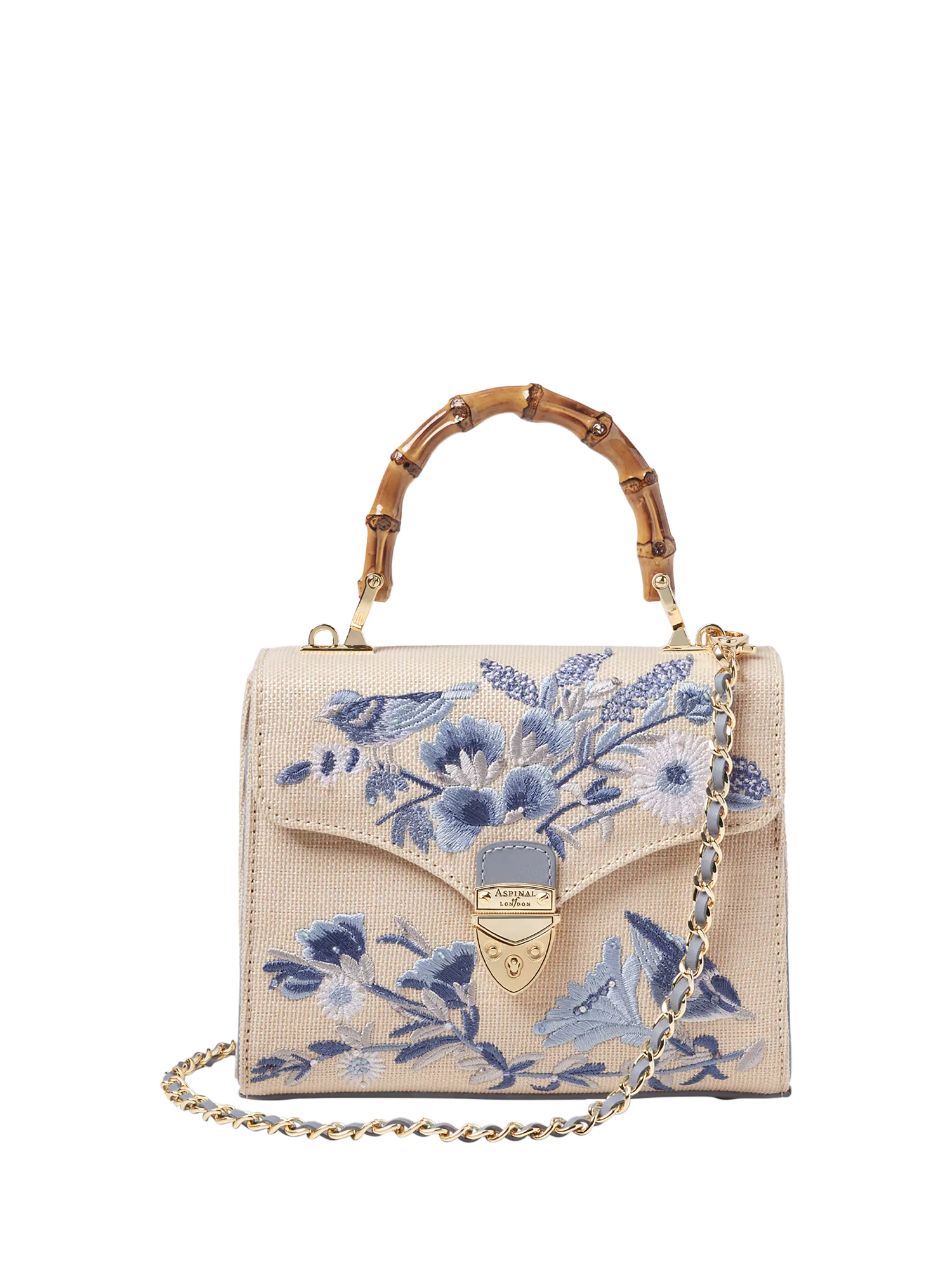 Aspinal of London Mayfair embroidered canvas grab bag in skyblue, UK version