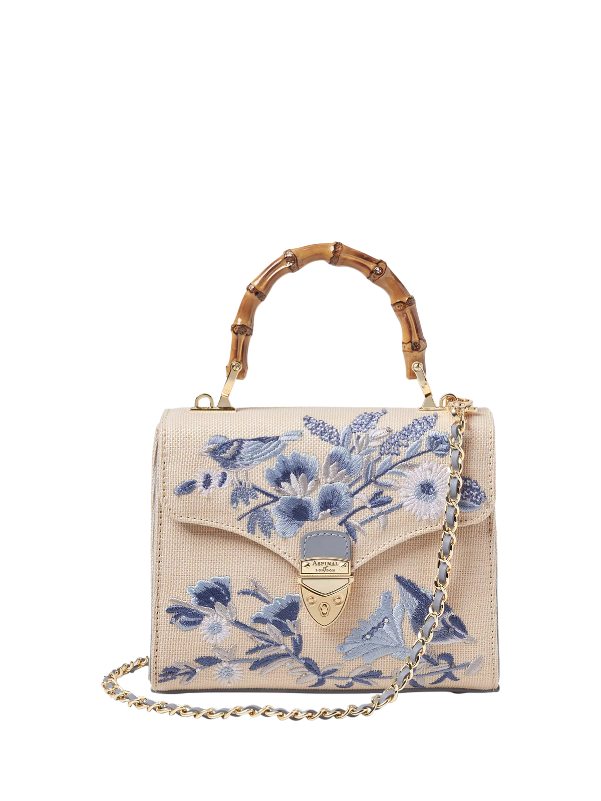 Aspinal of London Mayfair embroidered canvas grab bag in skyblue, UK version