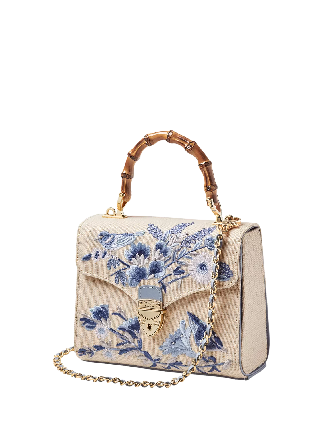 Aspinal of London Mayfair embroidered canvas grab bag in skyblue, UK version