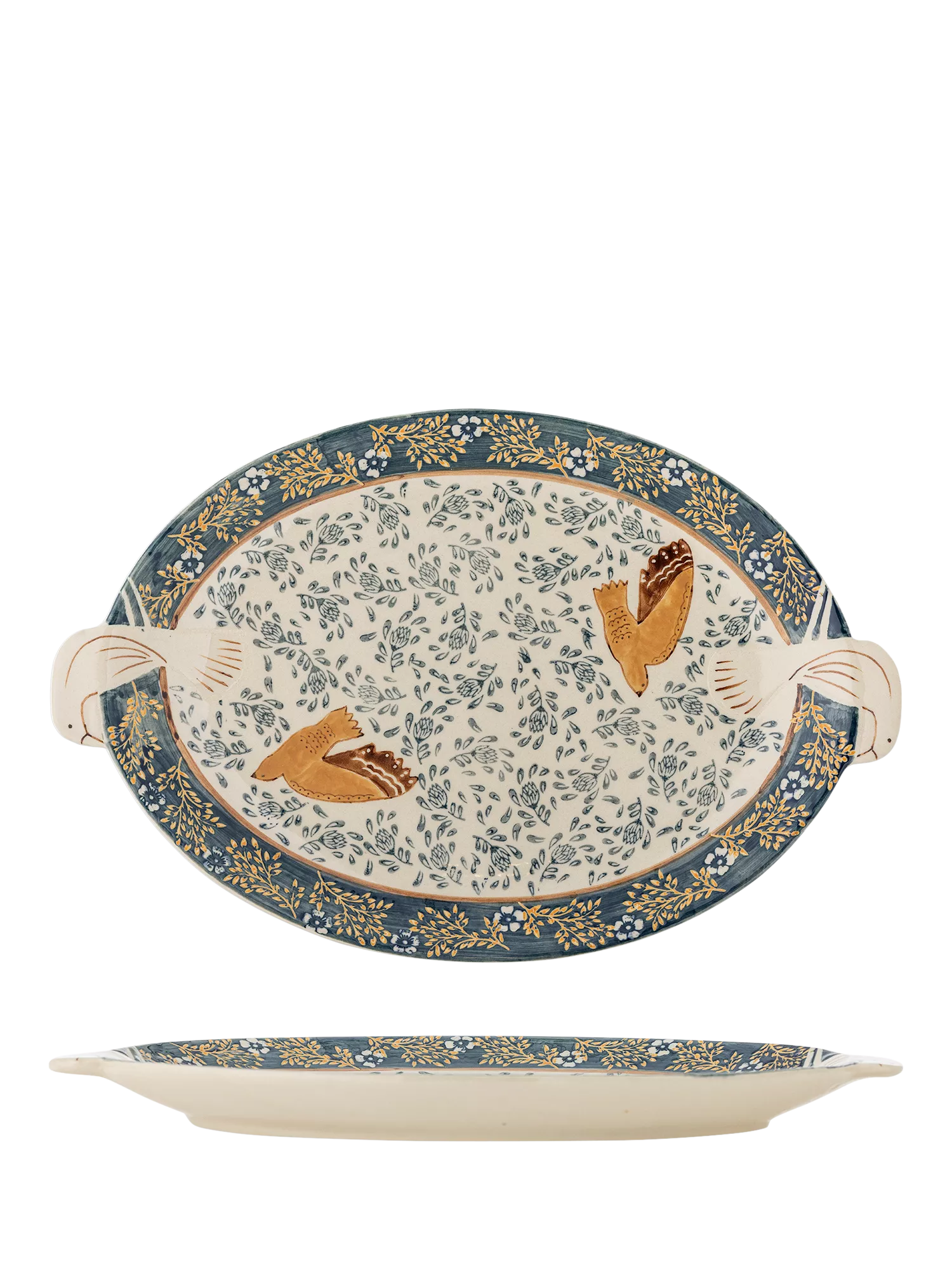 Bloomingville Hezha bird stoneware serving tray in blue (British brand)
