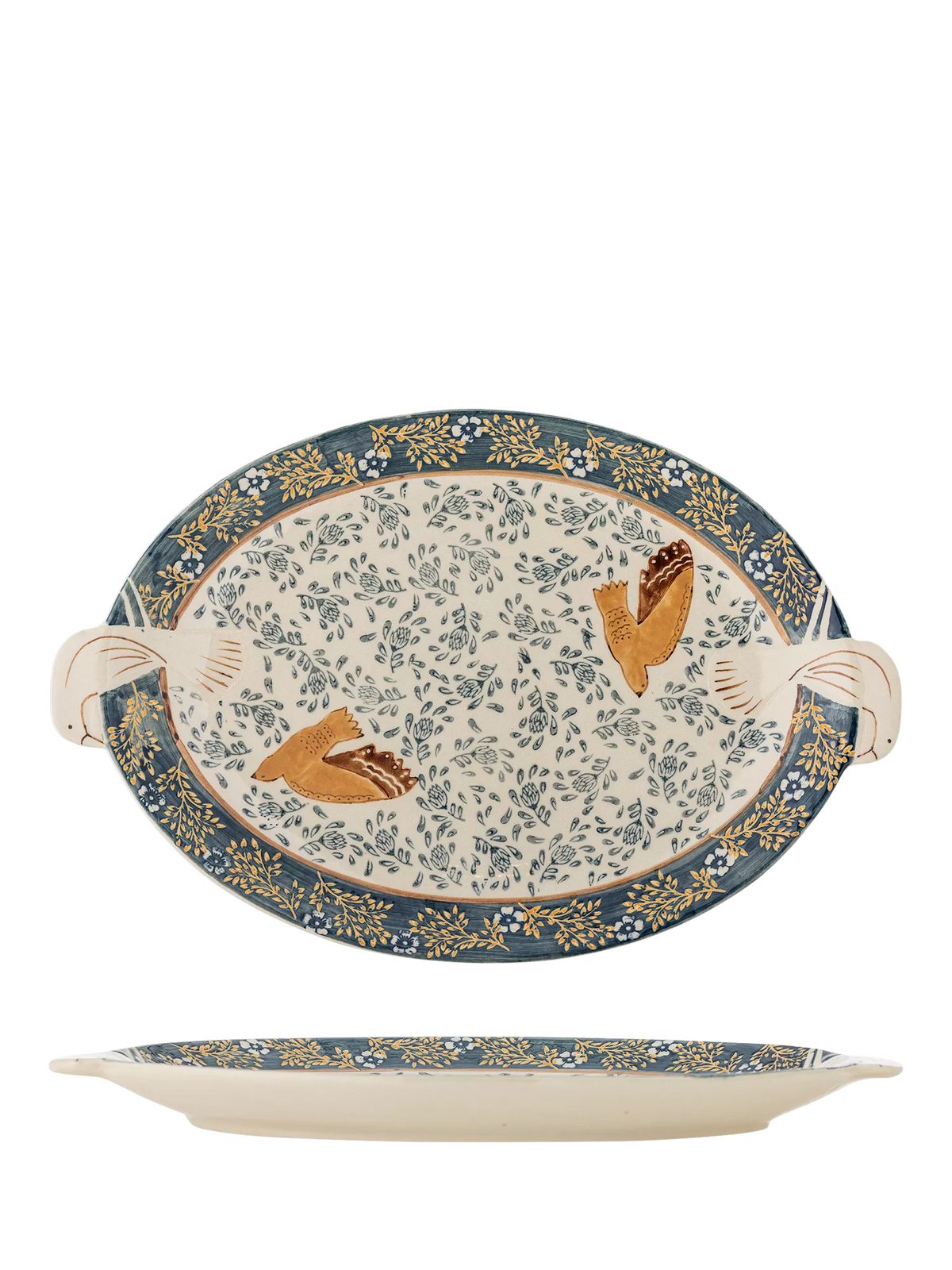Bloomingville Hezha bird stoneware serving tray in blue (British brand)