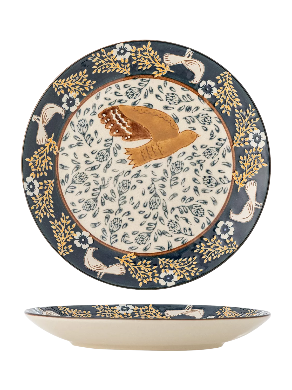 Bloomingville Hezha stoneware side plate 16cm blue bird, imported from the UK