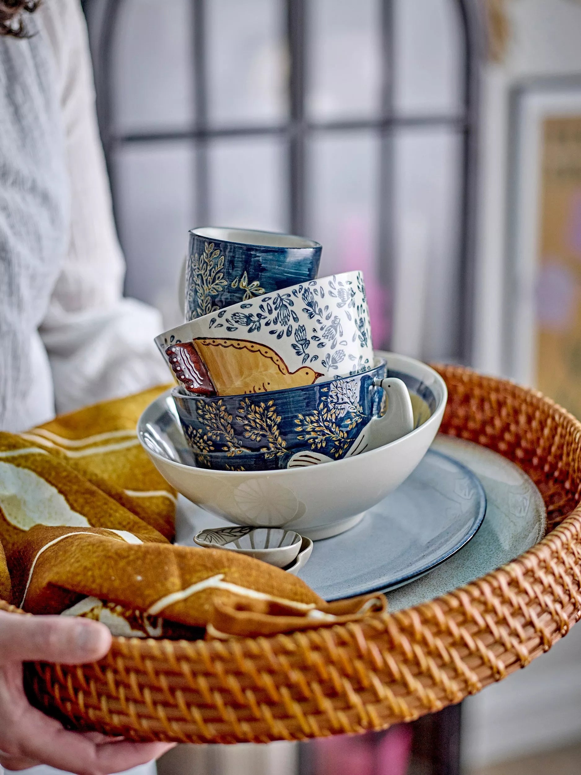 Bloomingville Hezha bird stoneware bowl 13cm blue, imported from the UK