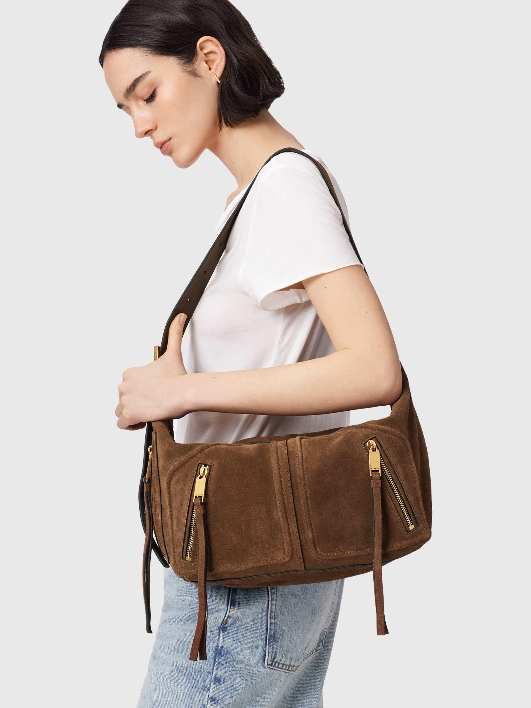 AllSaints suede shoulder bag brown mid (British brand)