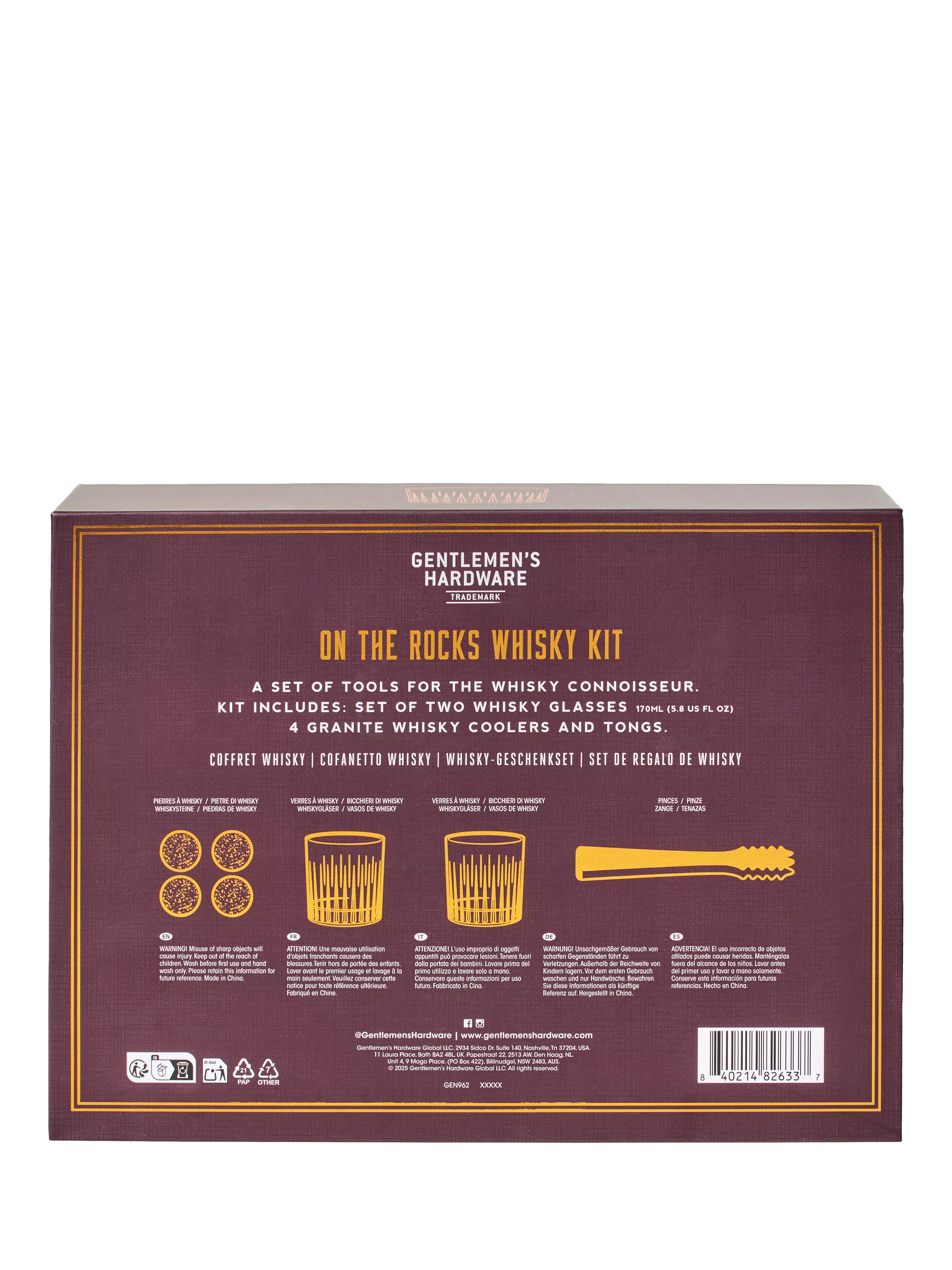 Gentlemen's Hardware whisky kit with tumblers and granite stones - British product