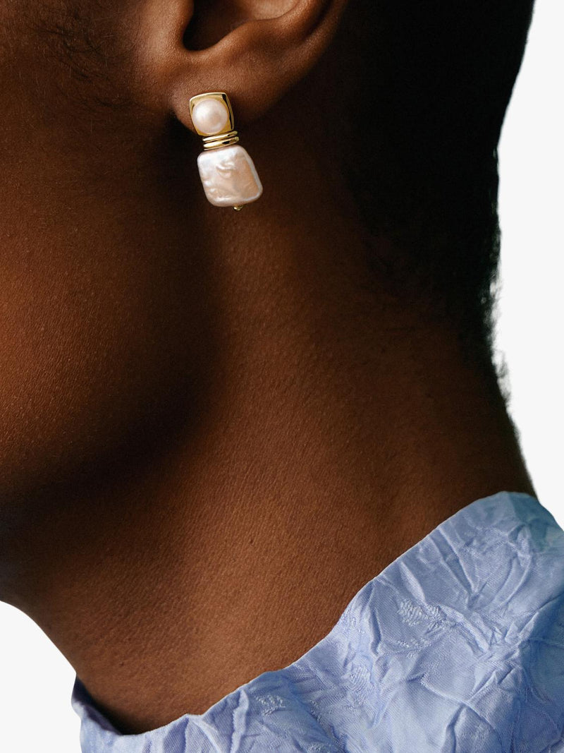 Missoma square pearl earrings in gold plate, imported from the UK