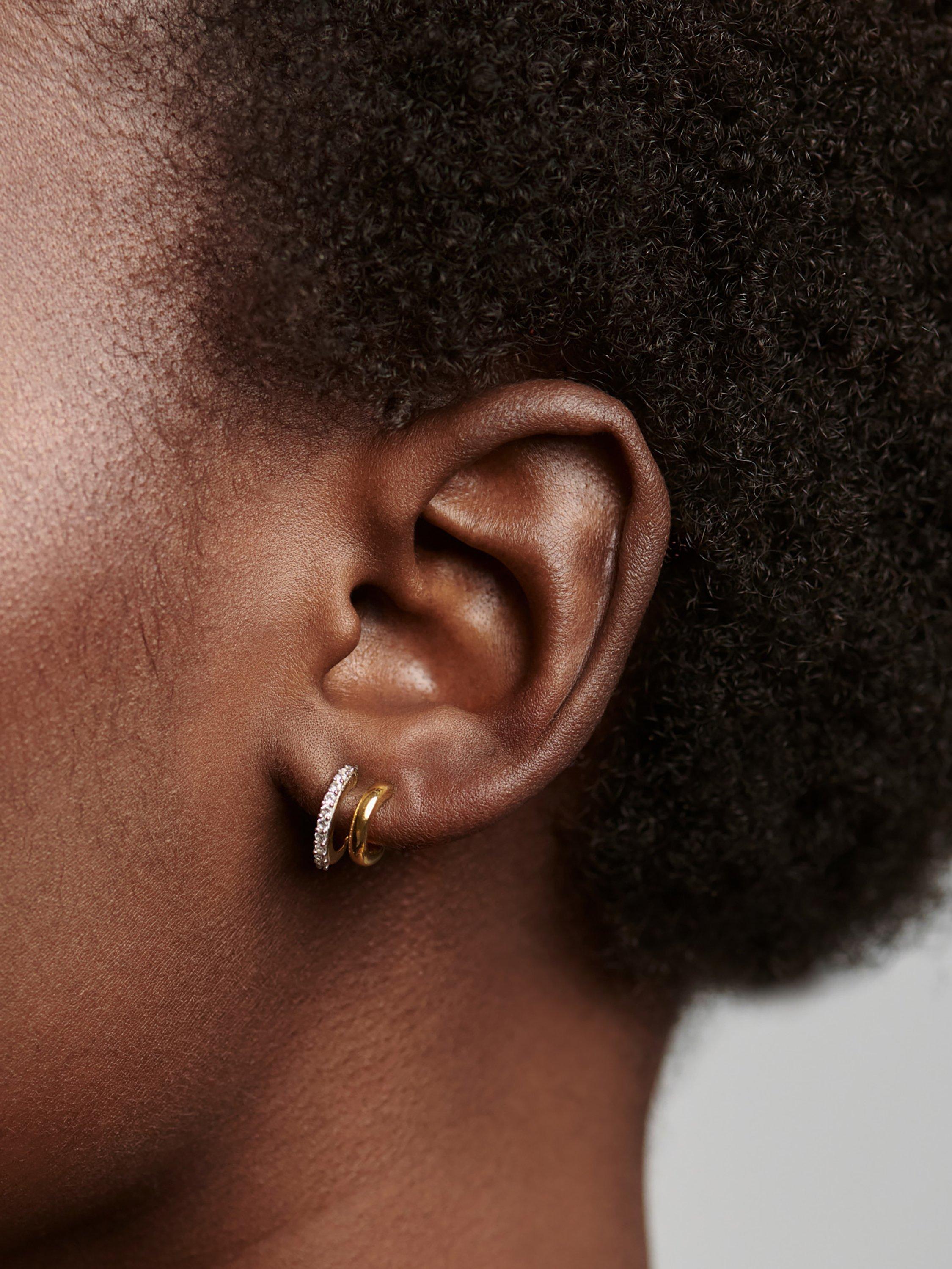 Missoma gold double huggie hoop earrings with cubic zirconia, UK version