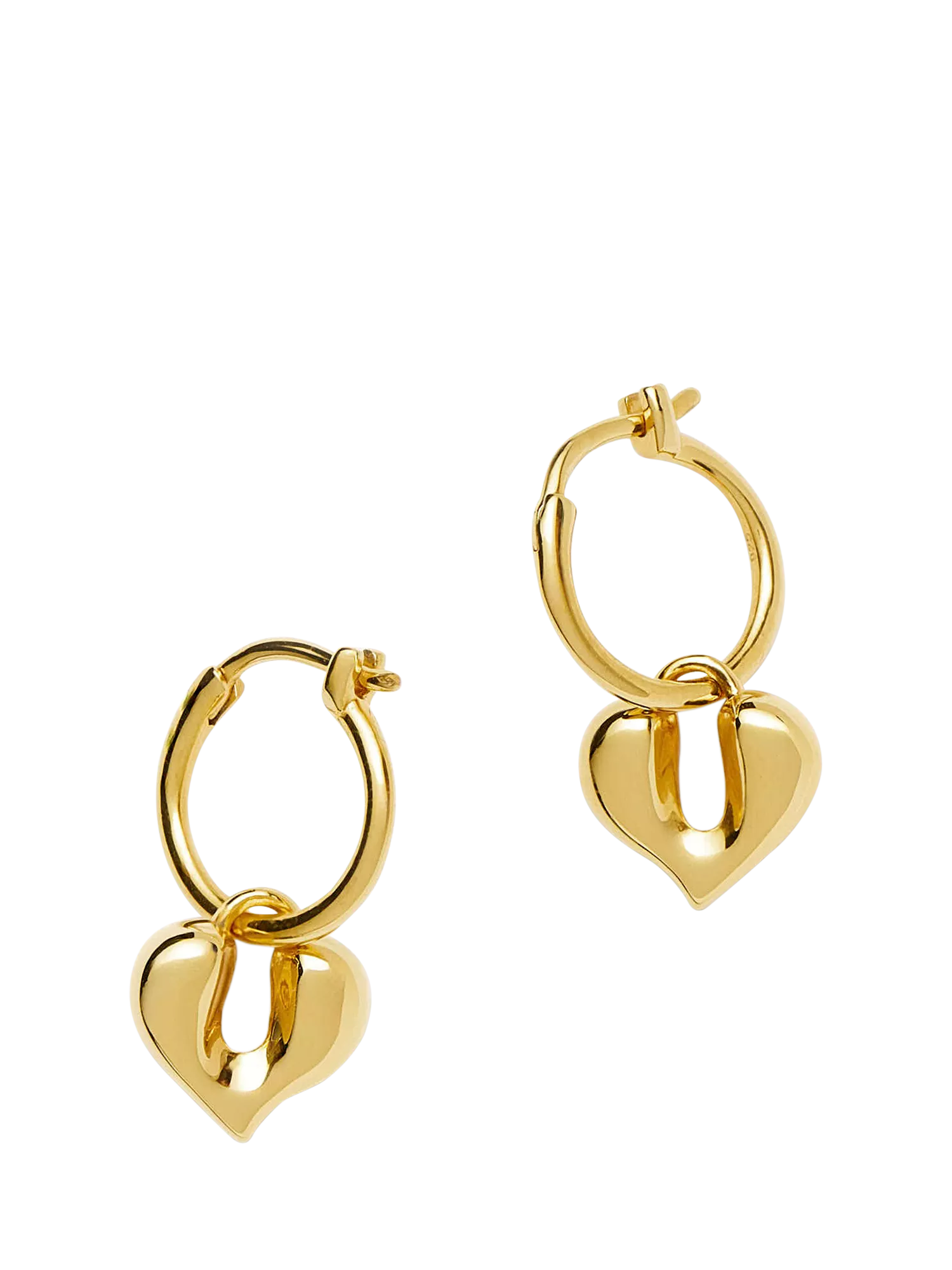 Missoma heart charm hoop earrings with liquid heart motif, imported from the UK