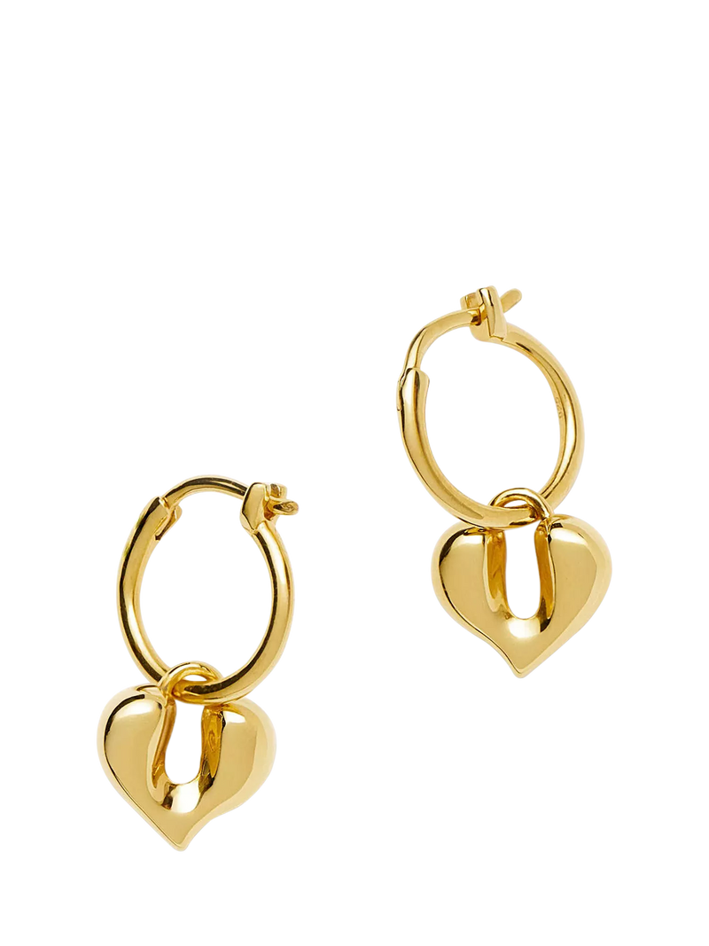 Missoma heart charm hoop earrings with liquid heart motif, imported from the UK